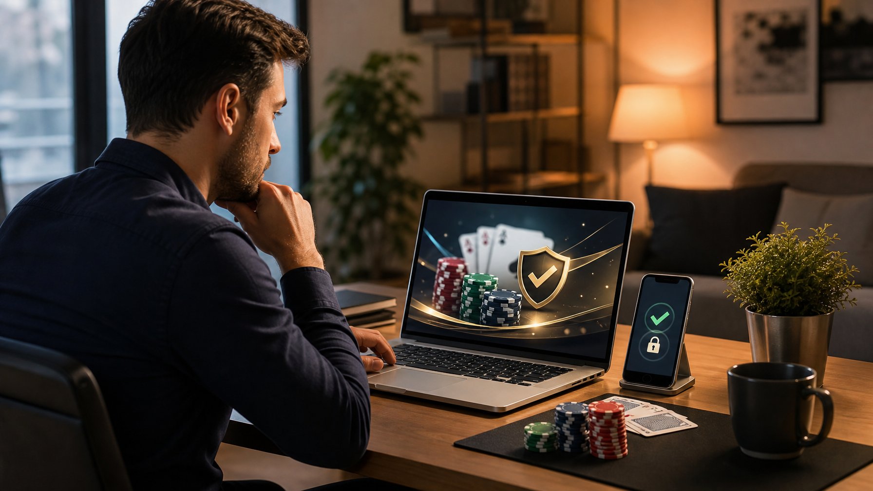Seseorang meneliti platform poker daring di laptop dengan simbol keamanan, kartu, dan keping poker di atas meja.