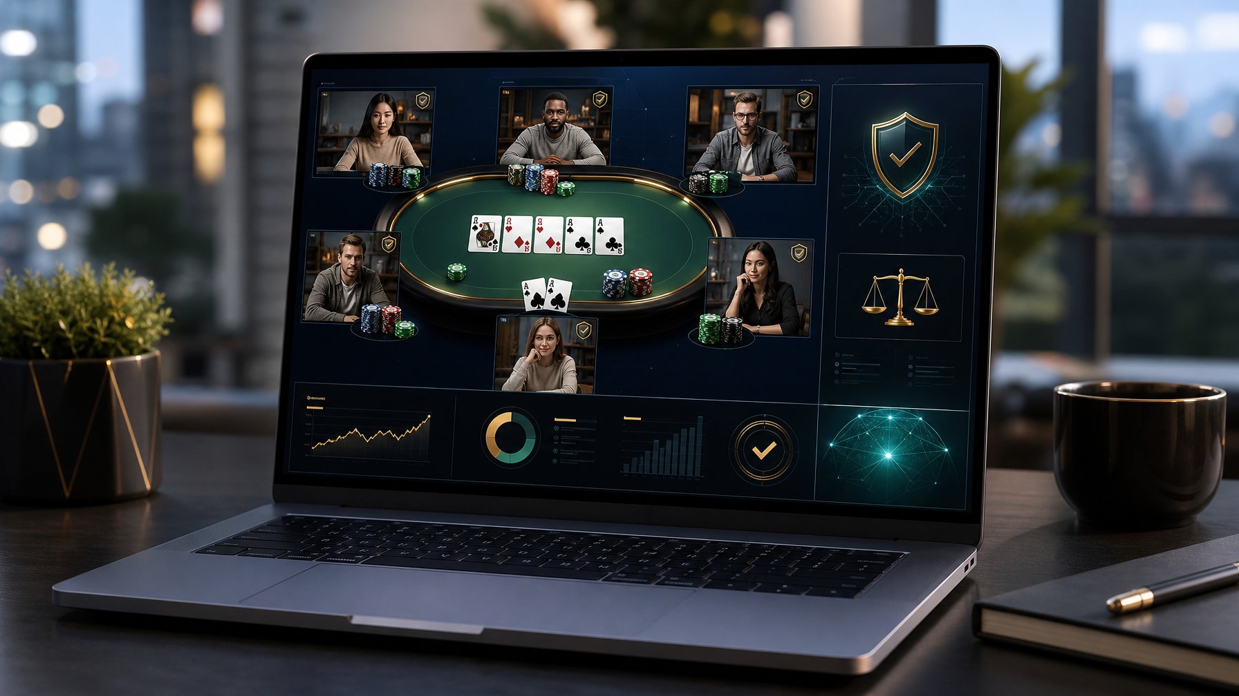 Laptop menampilkan permainan poker online dengan simbol keamanan dan beberapa pemain dewasa yang tampak fokus.
