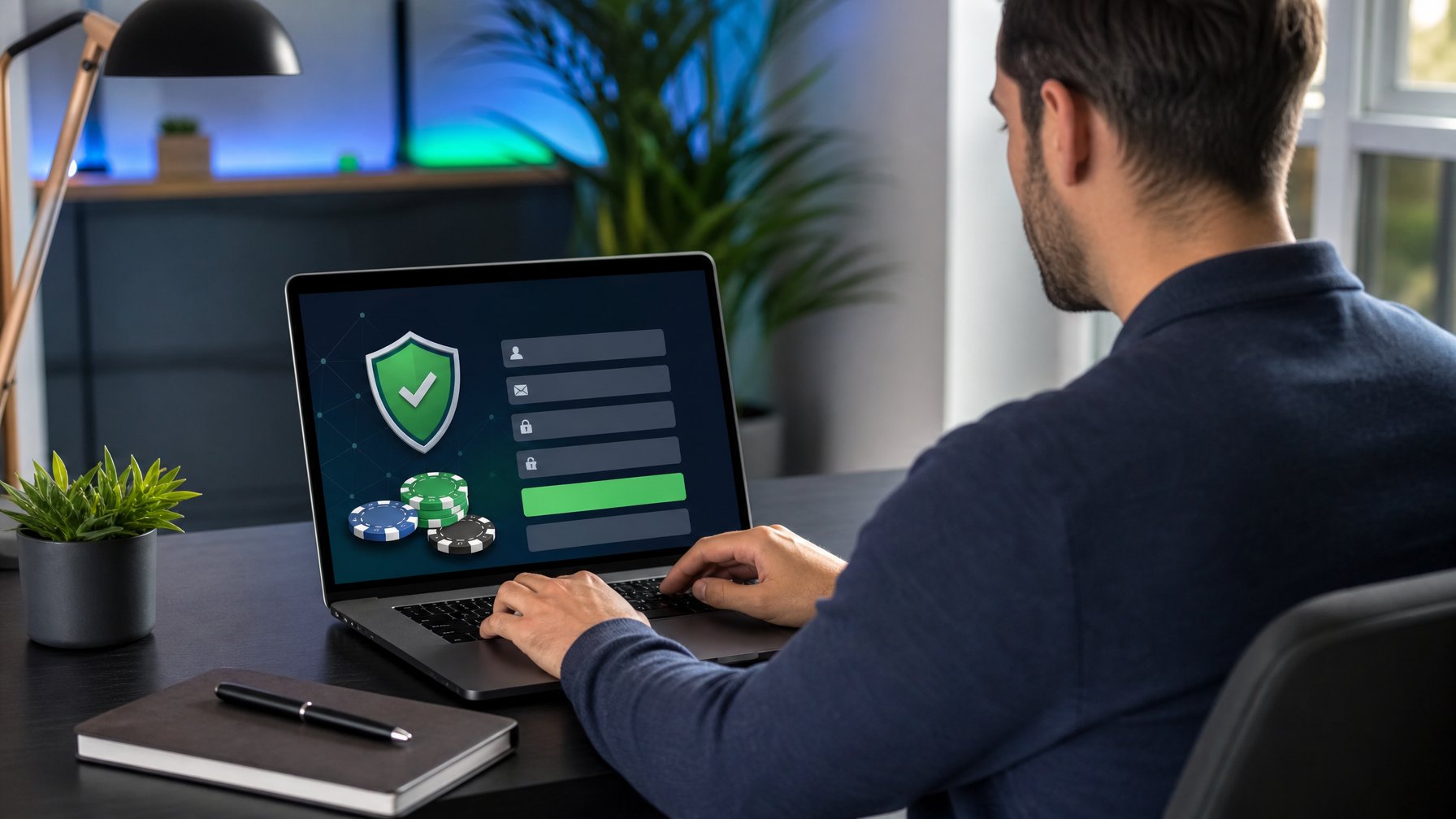 Seseorang mendaftarkan akun poker daring melalui laptop di ruang kerja modern dengan simbol keamanan digital.
