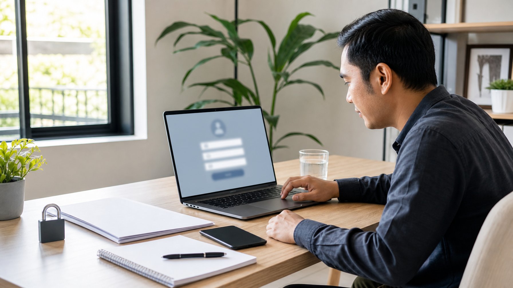 Seseorang menyiapkan pendaftaran akun di meja kerja dengan laptop, ponsel, buku catatan, dan pena.