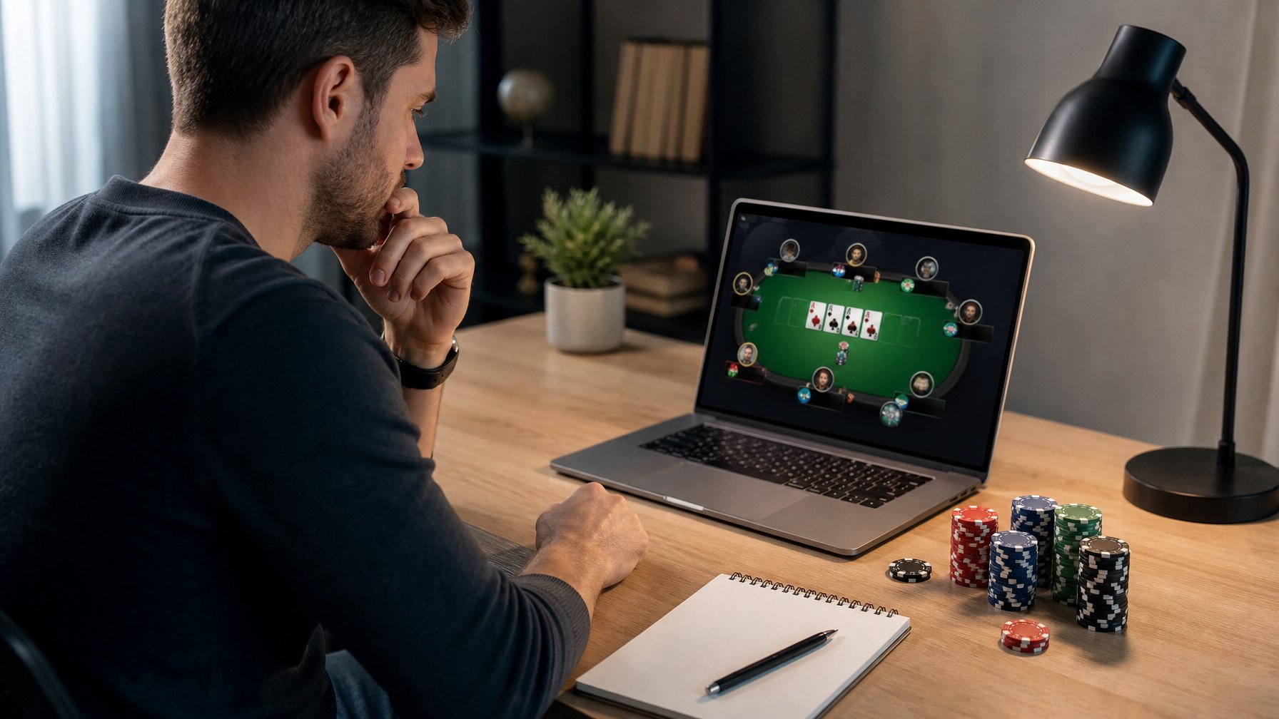 Seorang pemain dewasa berkonsentrasi memainkan poker online di laptop dengan chip poker dan catatan kosong di meja.