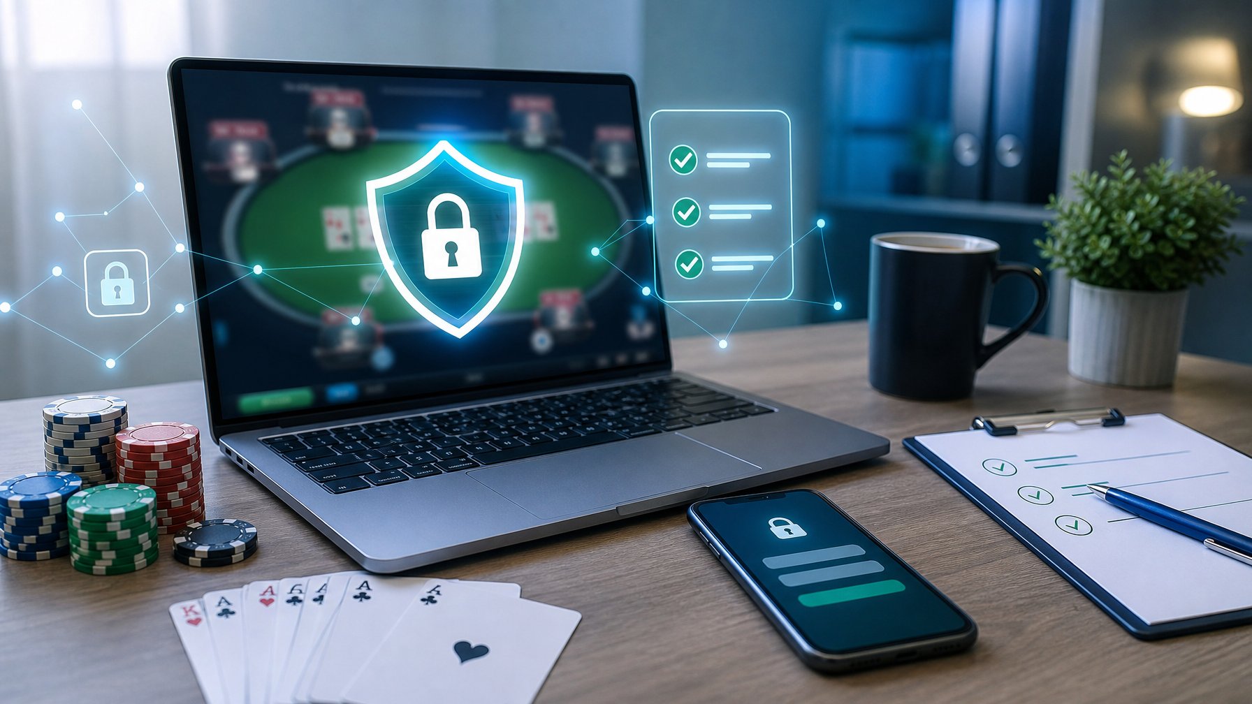 Meja kerja modern dengan laptop, kartu poker, keping poker, serta simbol perisai dan gembok keamanan digital.
