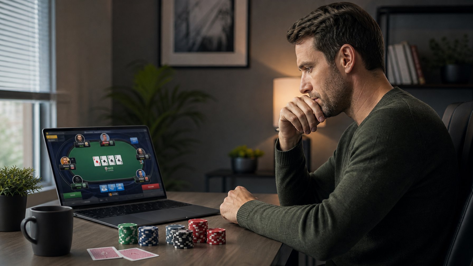 Seorang pemain poker sedang berkonsentrasi menganalisis permainan di laptop dengan kartu dan keping poker di meja.