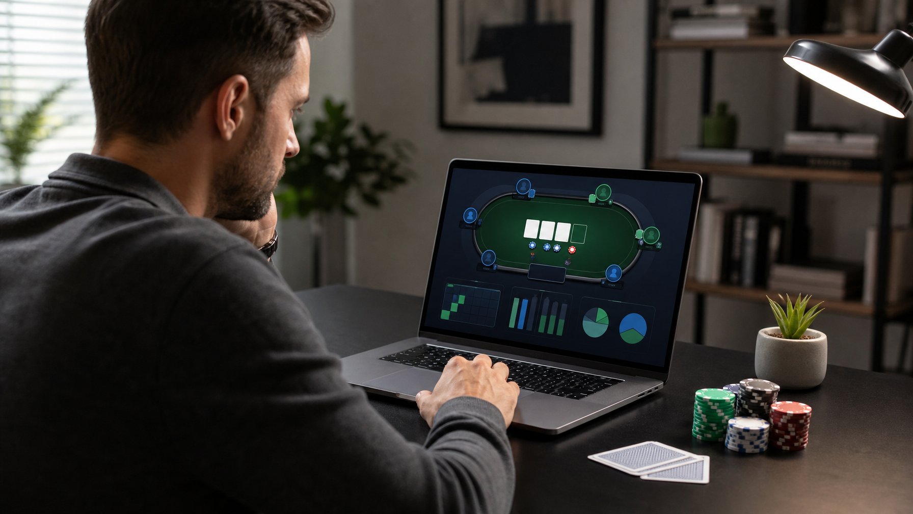 Seseorang menganalisis permainan poker online di laptop dengan kartu dan keping poker di meja.