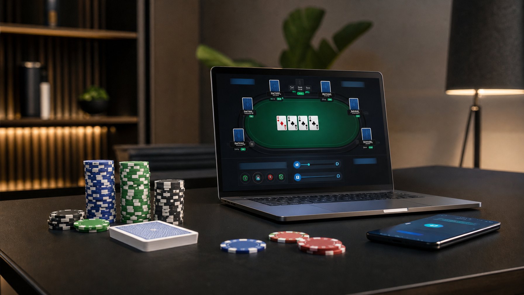 Laptop menampilkan antarmuka poker daring abstrak dengan kartu dan chip poker di meja modern.