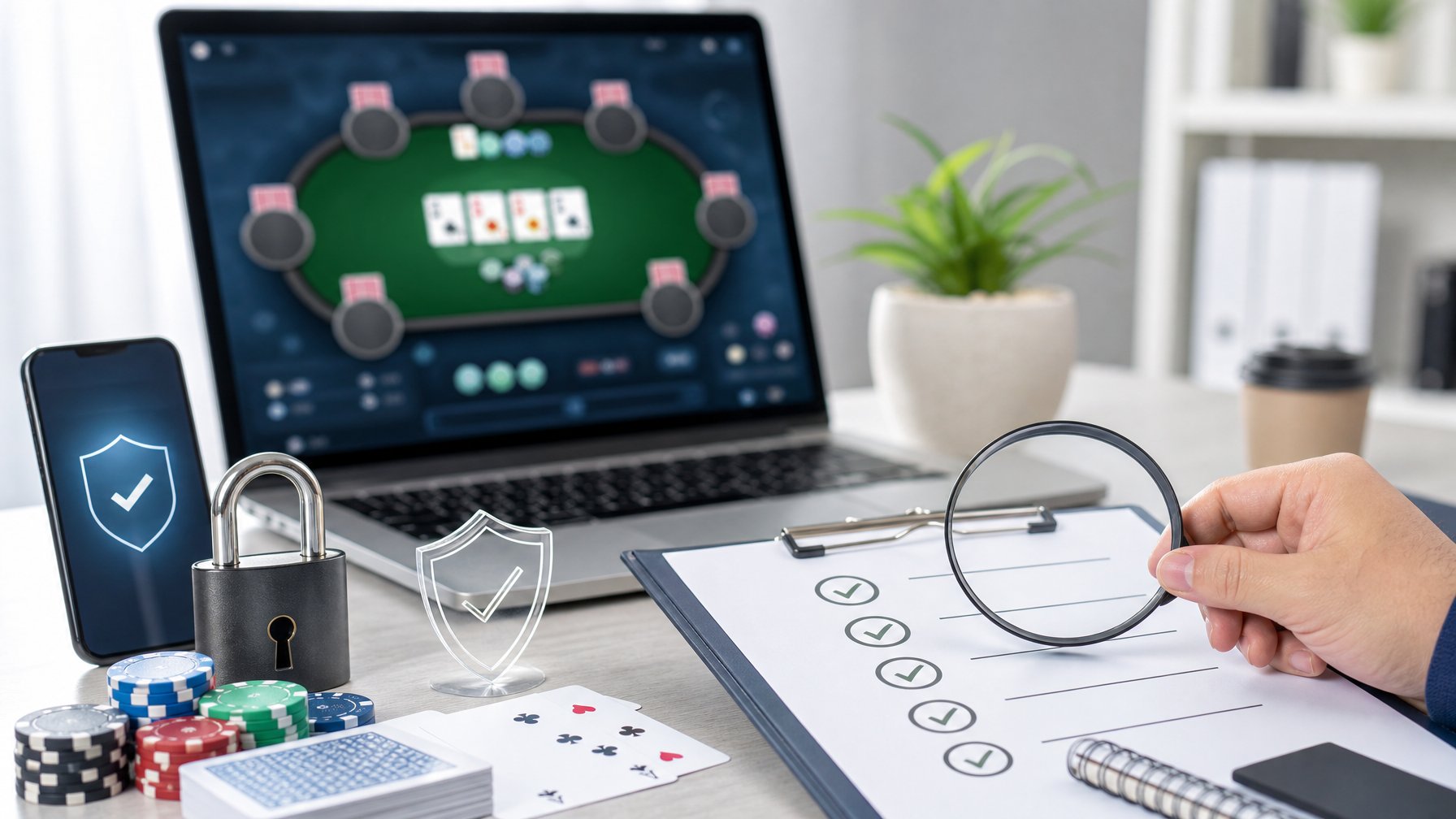 Meja kerja modern dengan laptop, simbol gembok dan perisai, daftar pemeriksaan, serta kartu dan chip poker.