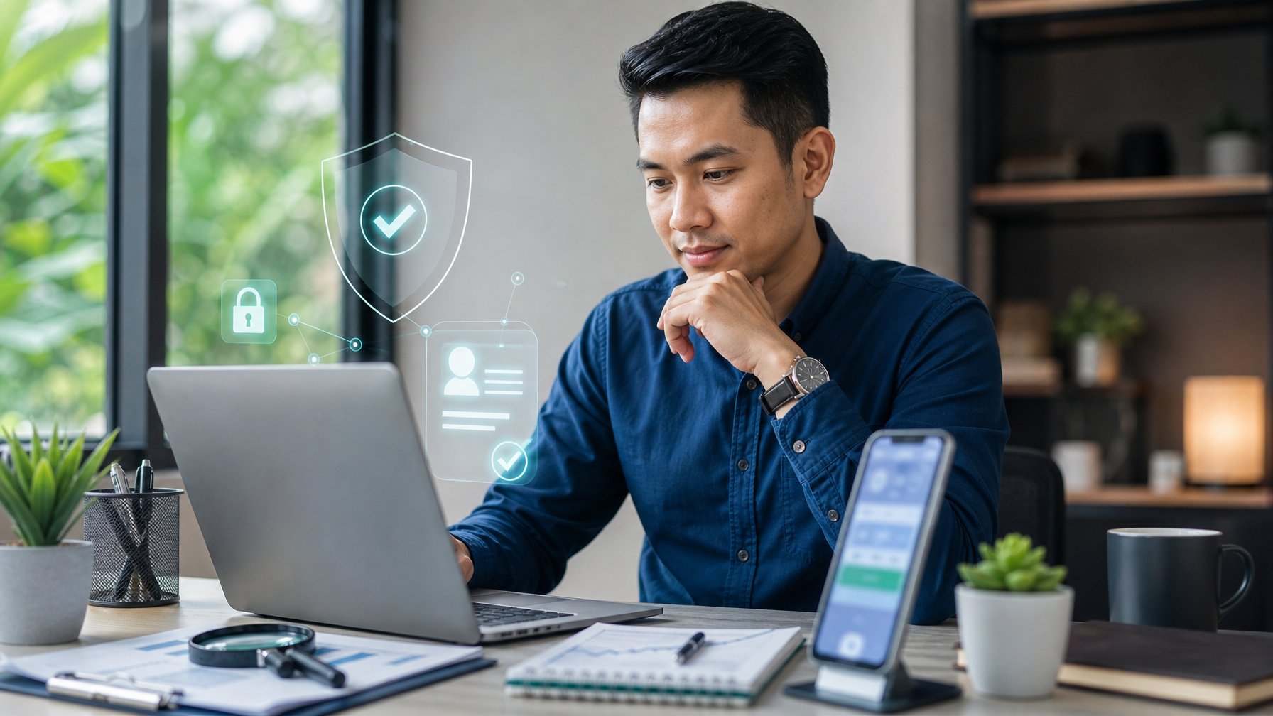 Seorang profesional memeriksa keamanan dan legalitas platform kasino online menggunakan laptop di ruang kerja modern.