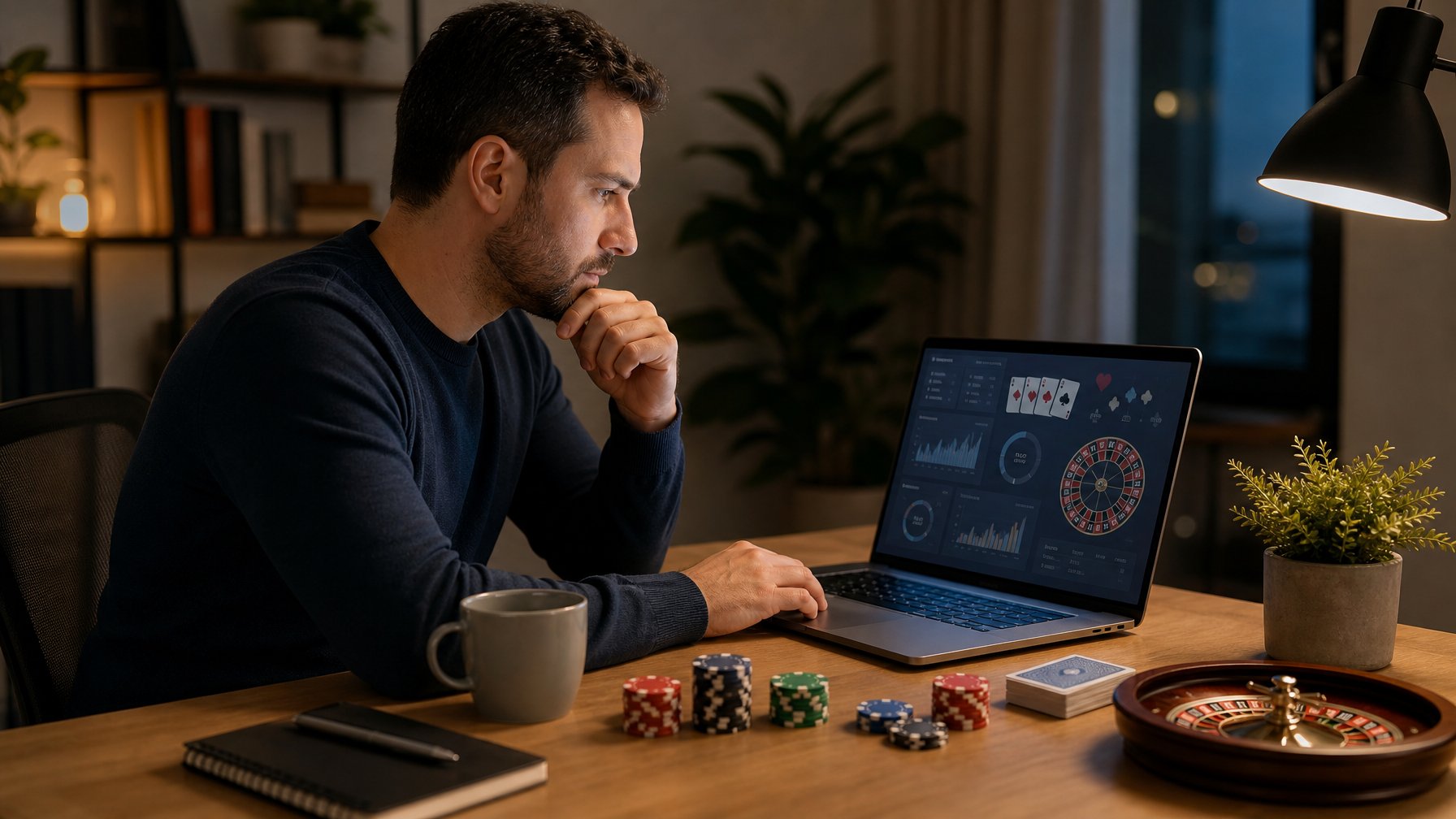 Seseorang sedang berkonsentrasi mempelajari permainan kasino daring di meja kerja dengan kartu, keping poker, dan roda roulette.