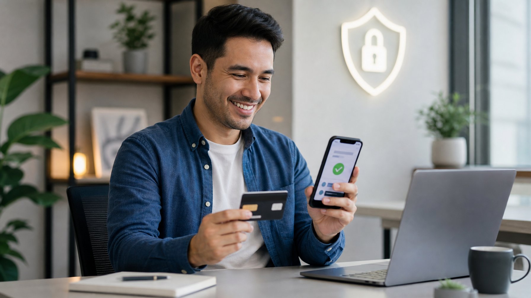 Orang dewasa tersenyum melihat konfirmasi pembayaran kemenangan di laptop dalam ruang kerja modern.
