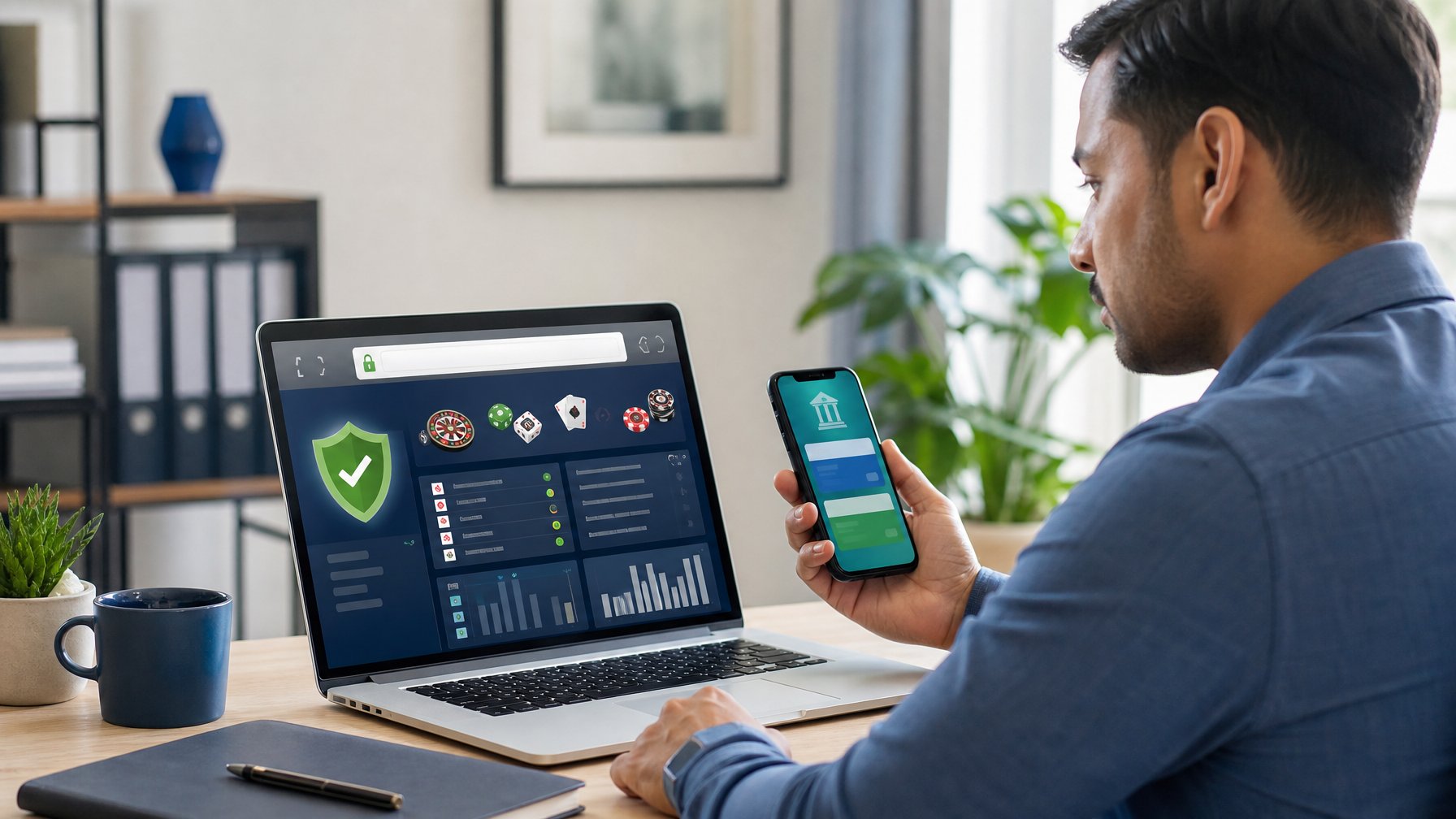 Orang dewasa memeriksa platform kasino online yang tampak aman di laptop dengan simbol perlindungan digital dan ponsel di sampingnya.