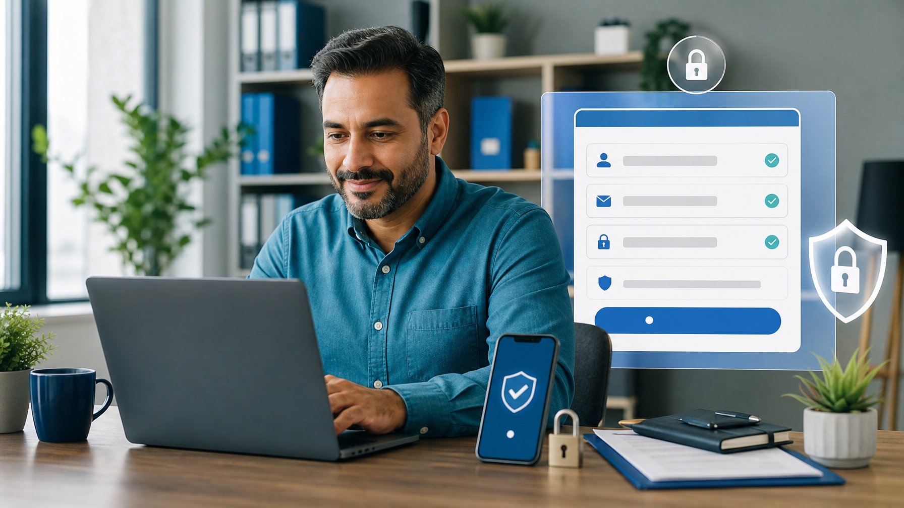 Orang dewasa menggunakan laptop untuk mendaftar akun daring dengan simbol keamanan digital di meja kerja.