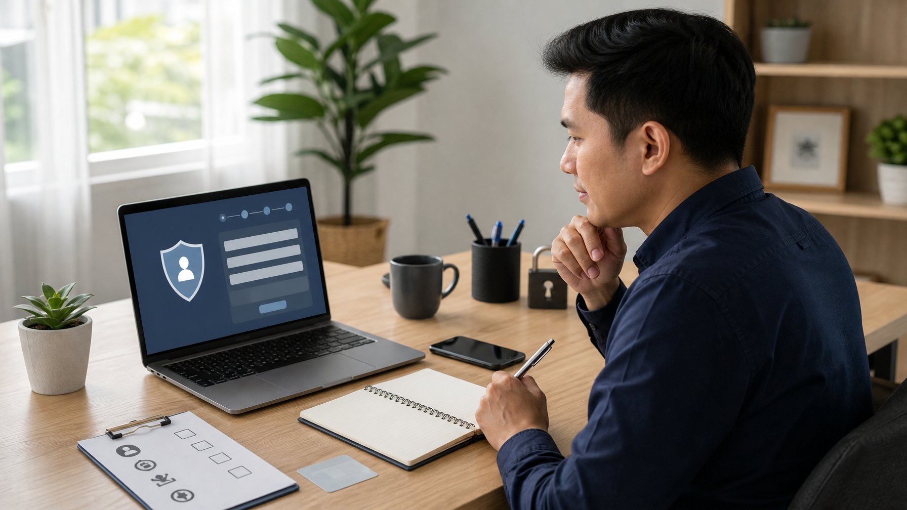 Seseorang menyiapkan dokumen dan perangkat di meja kerja sebelum membuat akun secara online.