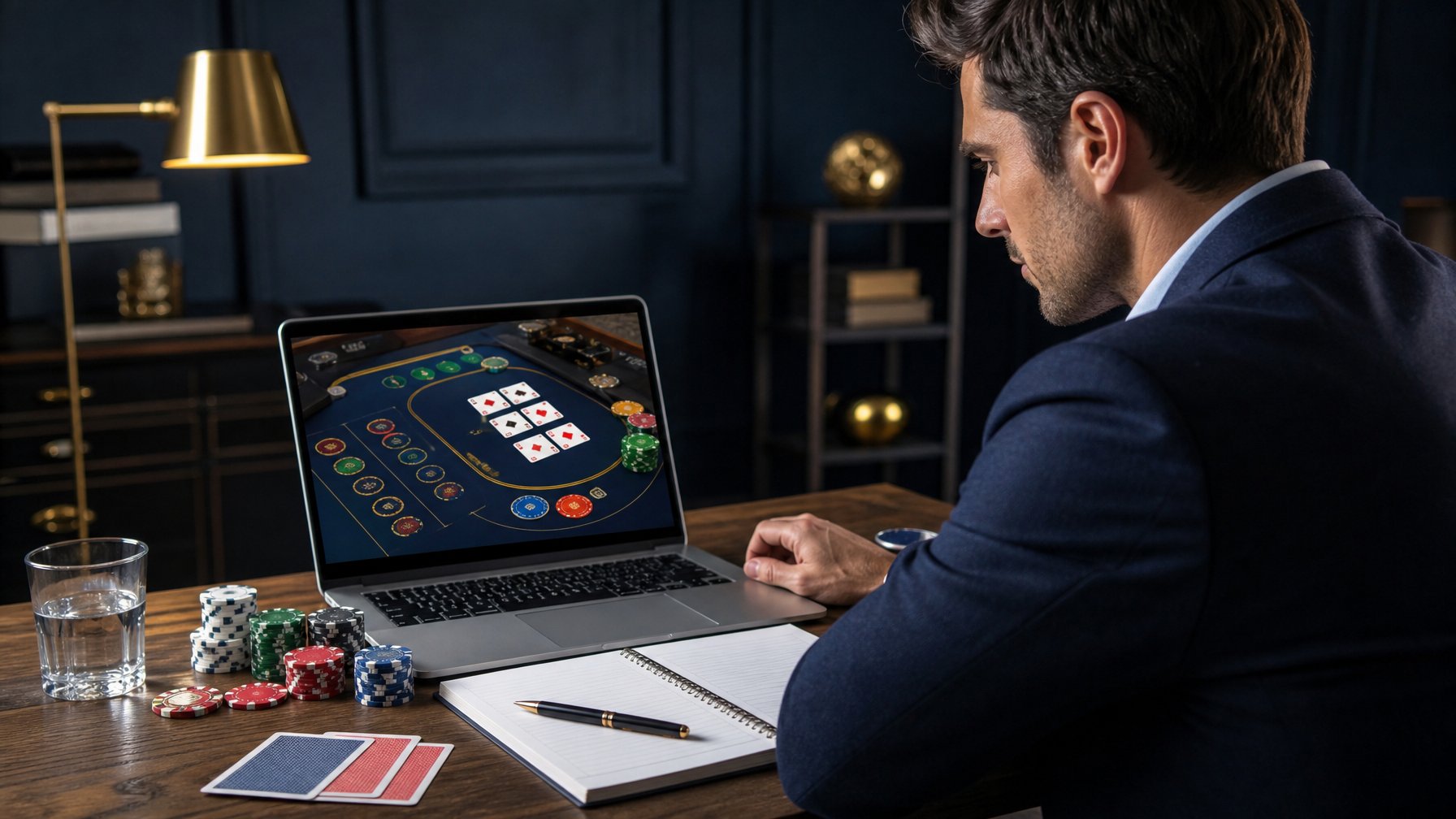 Orang dewasa sedang mempelajari permainan baccarat daring di laptop dengan kartu dan keping kasino di meja.