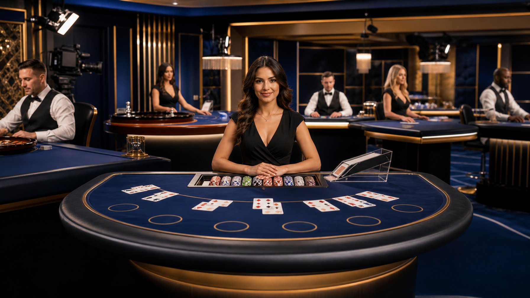 Dealer profesional memandu permainan kasino langsung di studio mewah dengan meja roulette dan kartu.