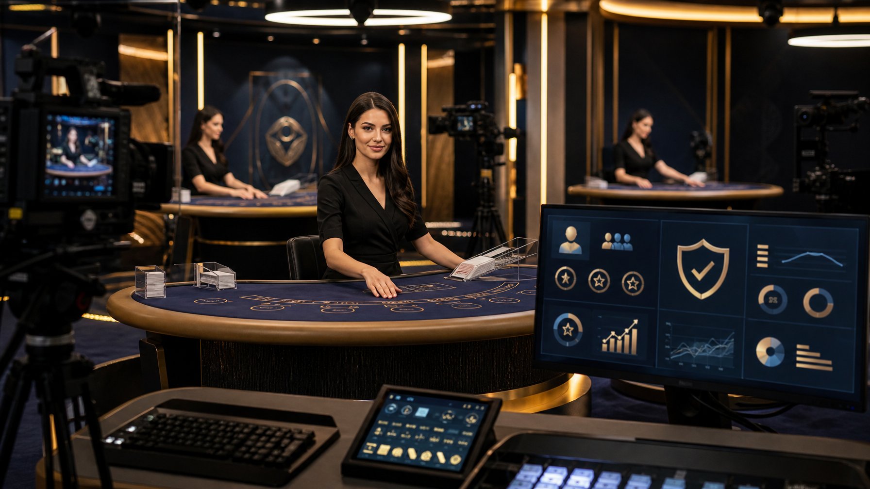 Dealer profesional bekerja di studio live casino modern dengan meja permainan dan layar analitik di latar belakang.