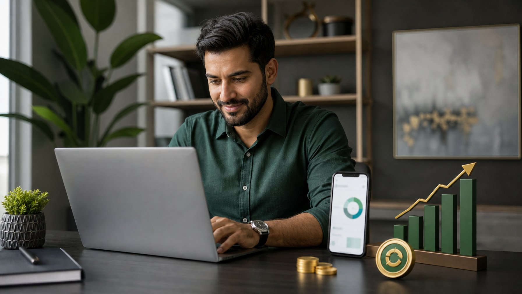 Orang dewasa memeriksa keuangan di laptop dengan koin dan simbol hadiah di meja kerja.