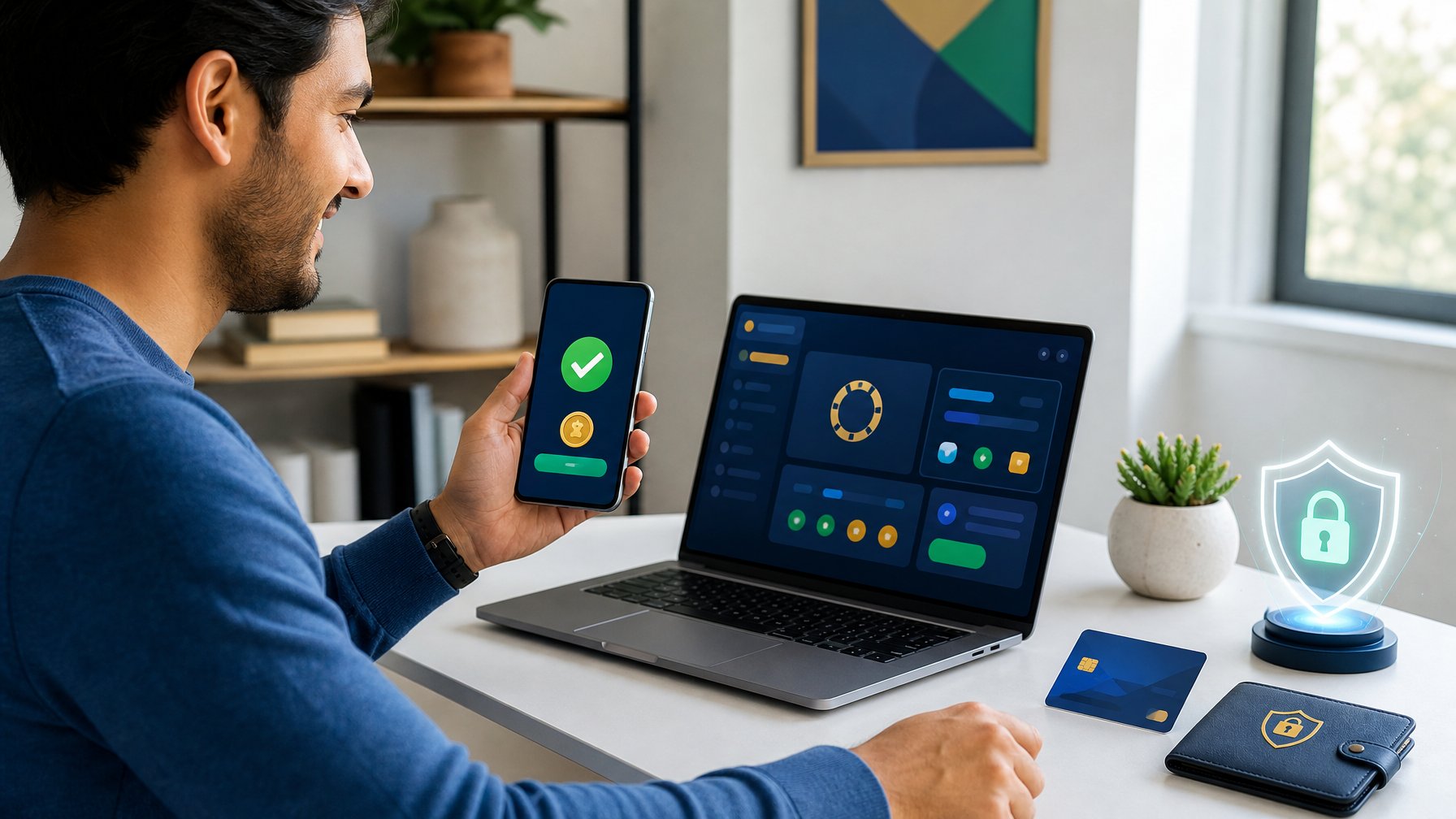 Seseorang menggunakan laptop dan ponsel untuk melakukan transaksi pembayaran online dengan aman.