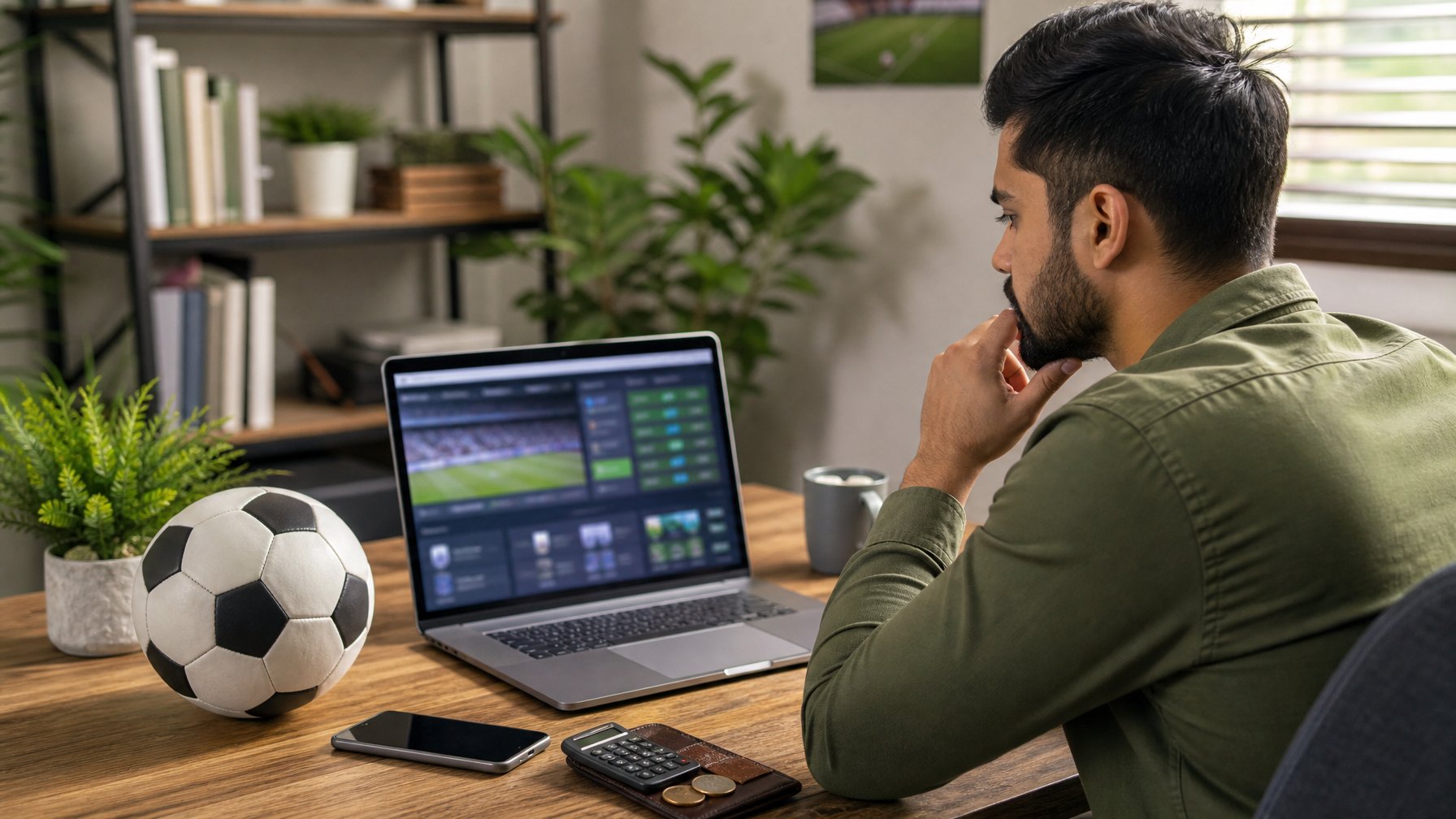 Seseorang meninjau informasi sepak bola di laptop dengan bola, ponsel, kalkulator, dan dompet di meja.