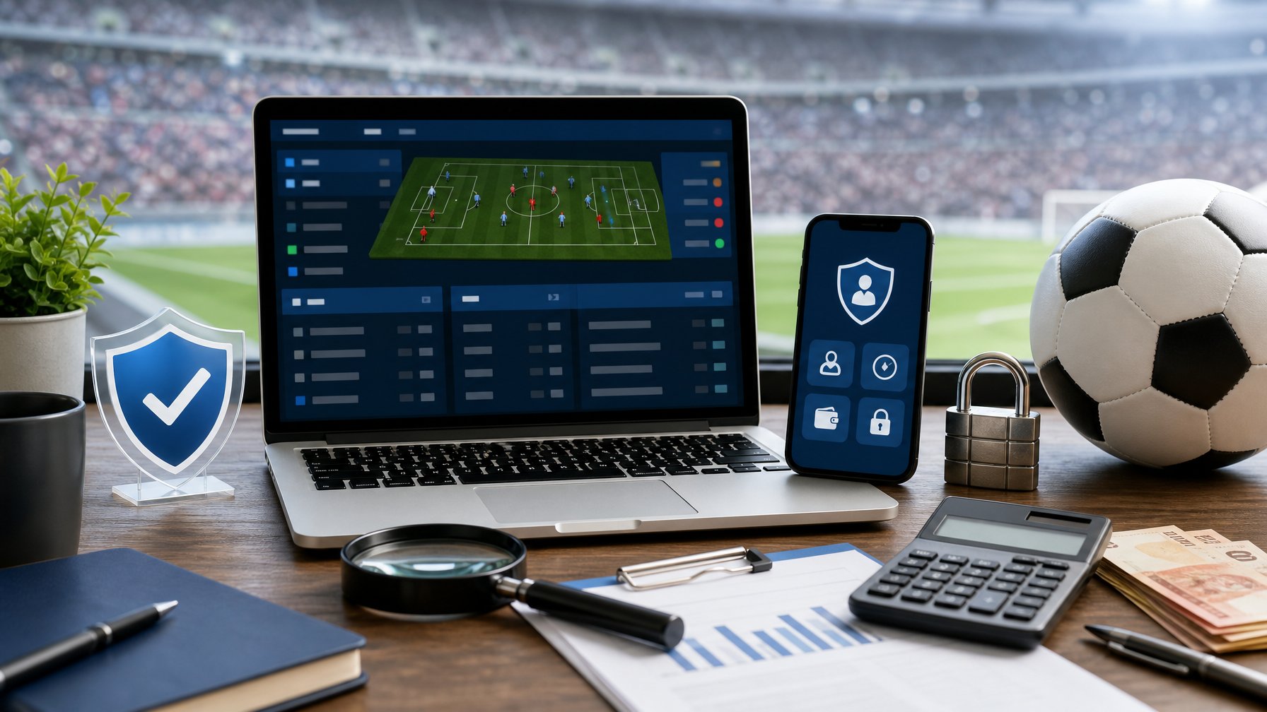 Laptop dan ponsel dengan simbol keamanan, verifikasi, serta bola sepak di meja kerja.