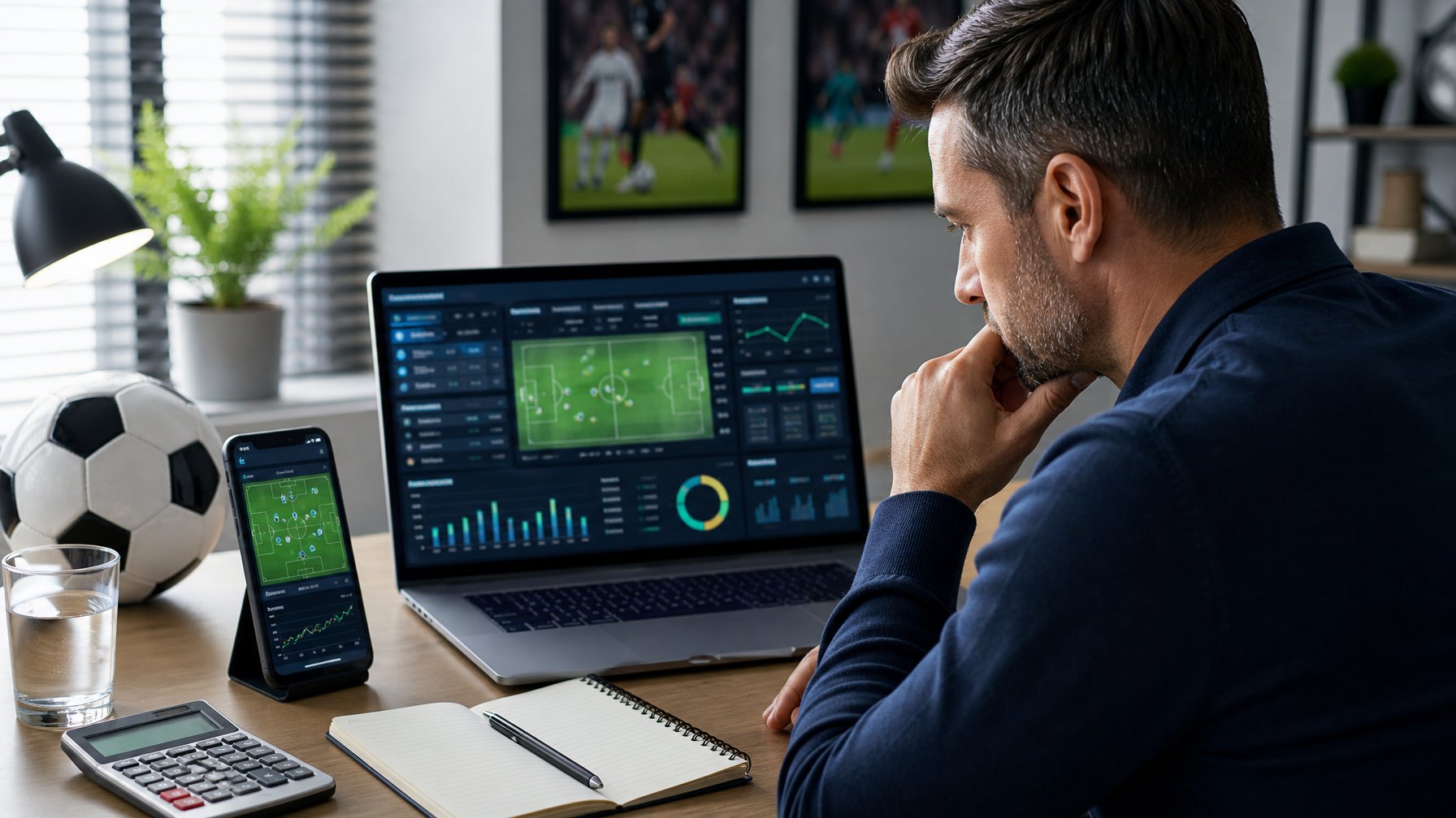 Seorang analis meninjau data pertandingan sepak bola di laptop dan ponsel di meja kerja modern.