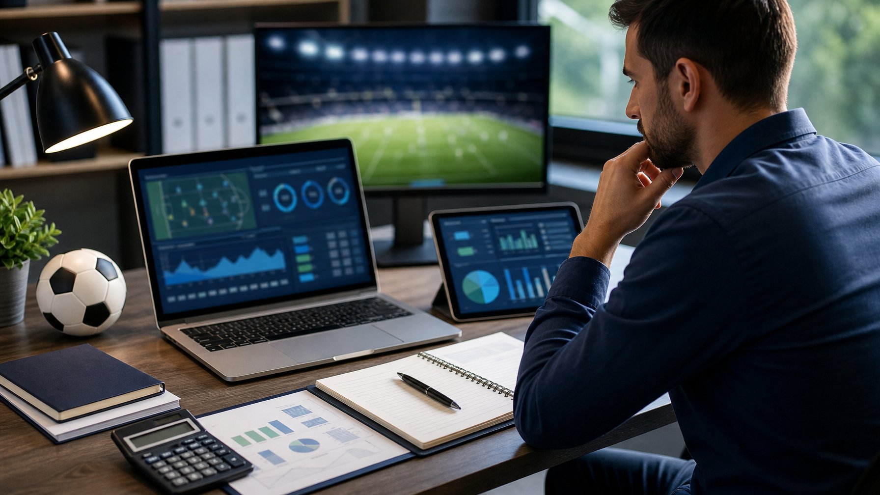 Seorang analis mempelajari data sepak bola di laptop dengan bola sepak dan perangkat digital di meja.