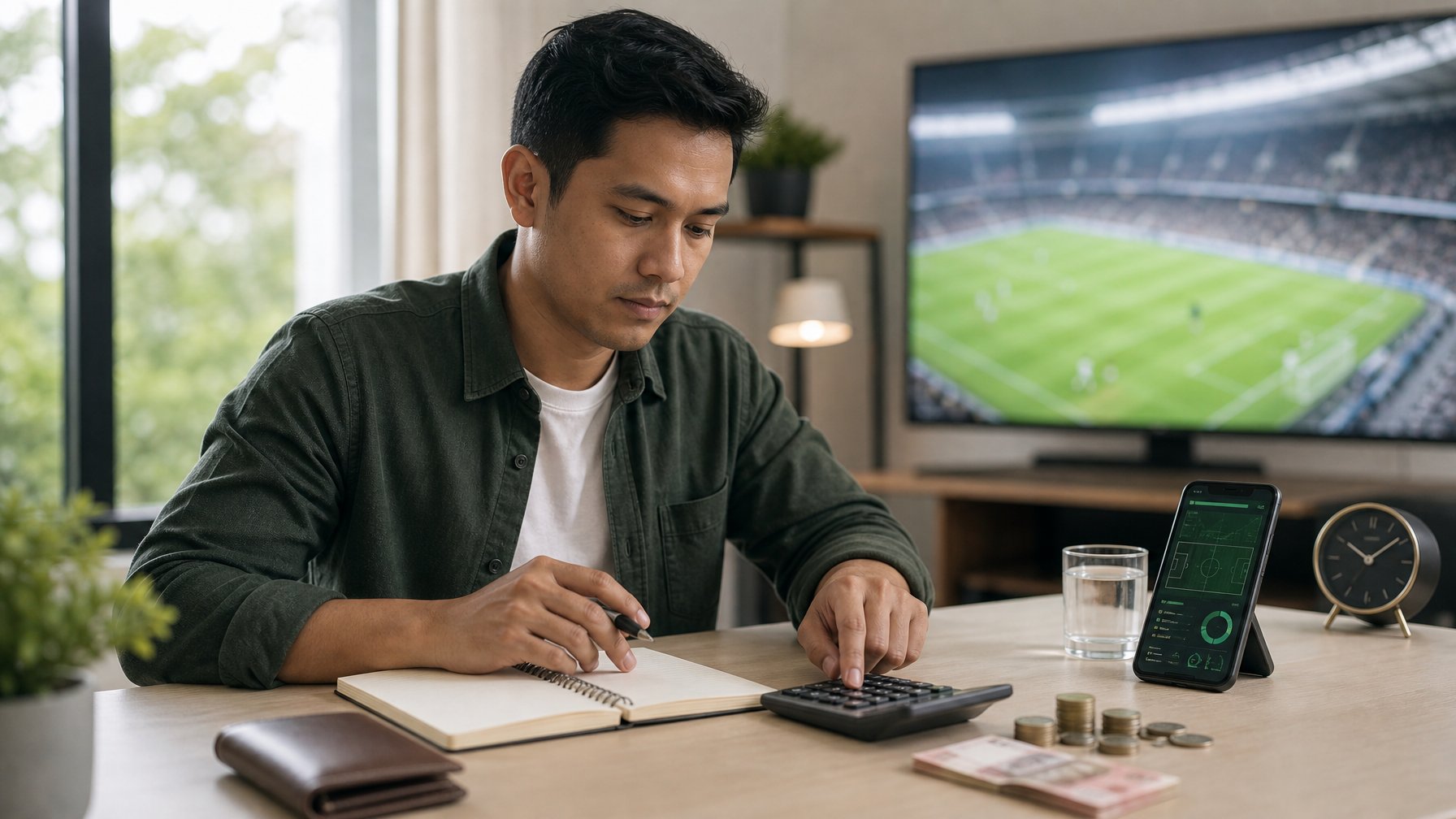 Seorang pria meninjau anggaran taruhan sepak bola secara hati-hati di meja kerja dengan kalkulator, catatan kosong, dan sejumlah uang terbatas.