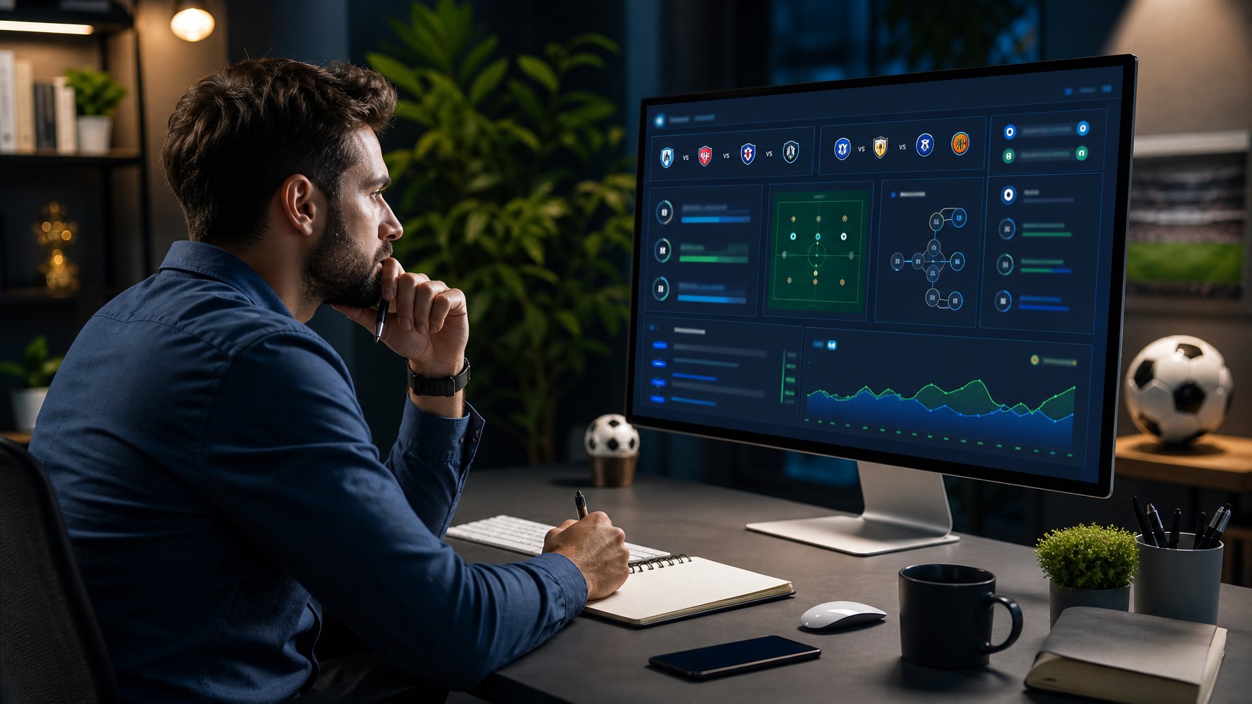 Seorang analis olahraga memeriksa beberapa pilihan pertandingan sepak bola pada komputer di ruang kerja modern.