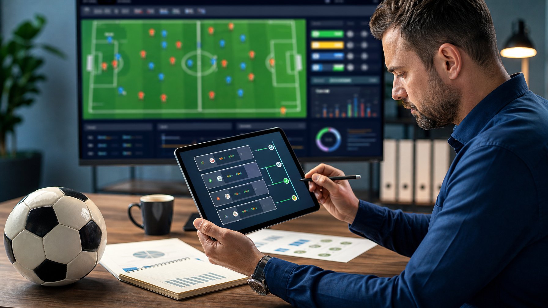 Analis sepak bola mempelajari beberapa pilihan pertandingan pada tablet di ruang kerja modern.