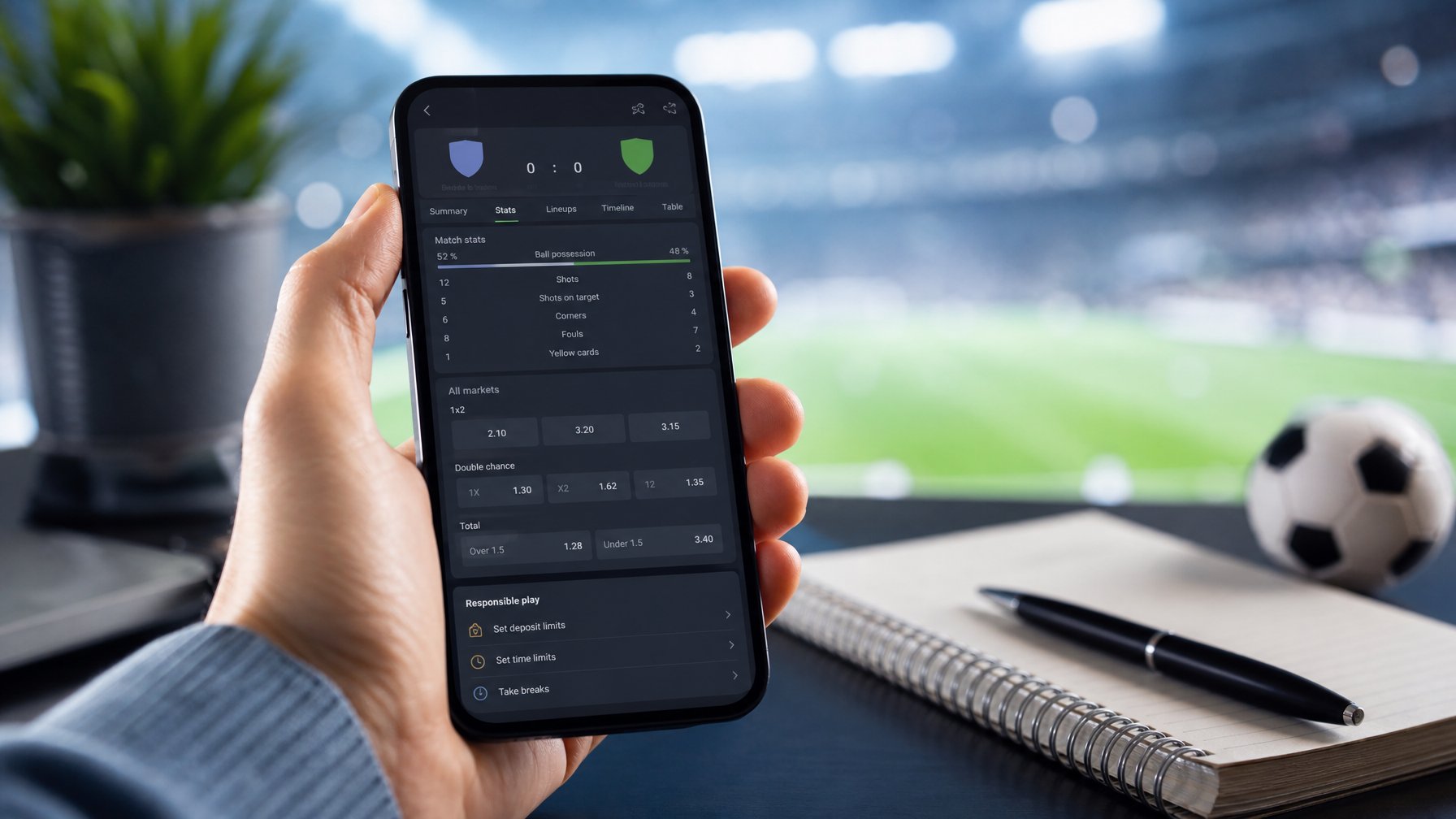 Seseorang menggunakan ponsel untuk melihat statistik pertandingan sepak bola di meja kerja.