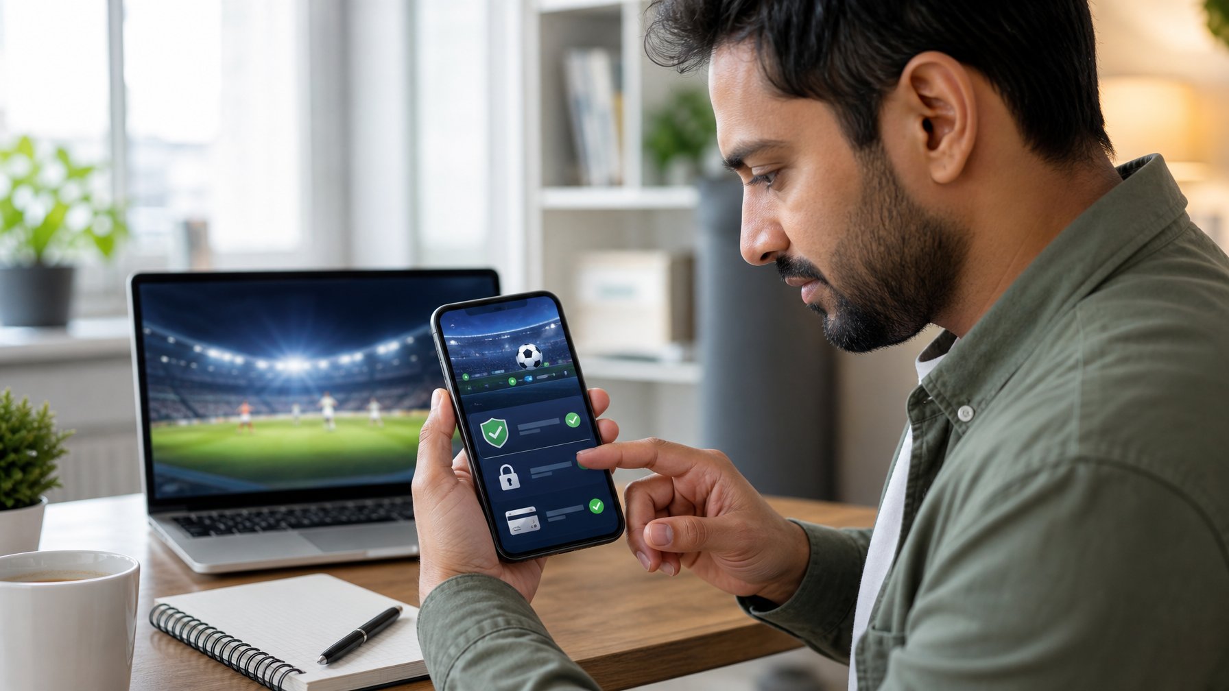 Orang dewasa memeriksa keamanan aplikasi taruhan sepak bola di ponsel dalam ruang kerja modern.
