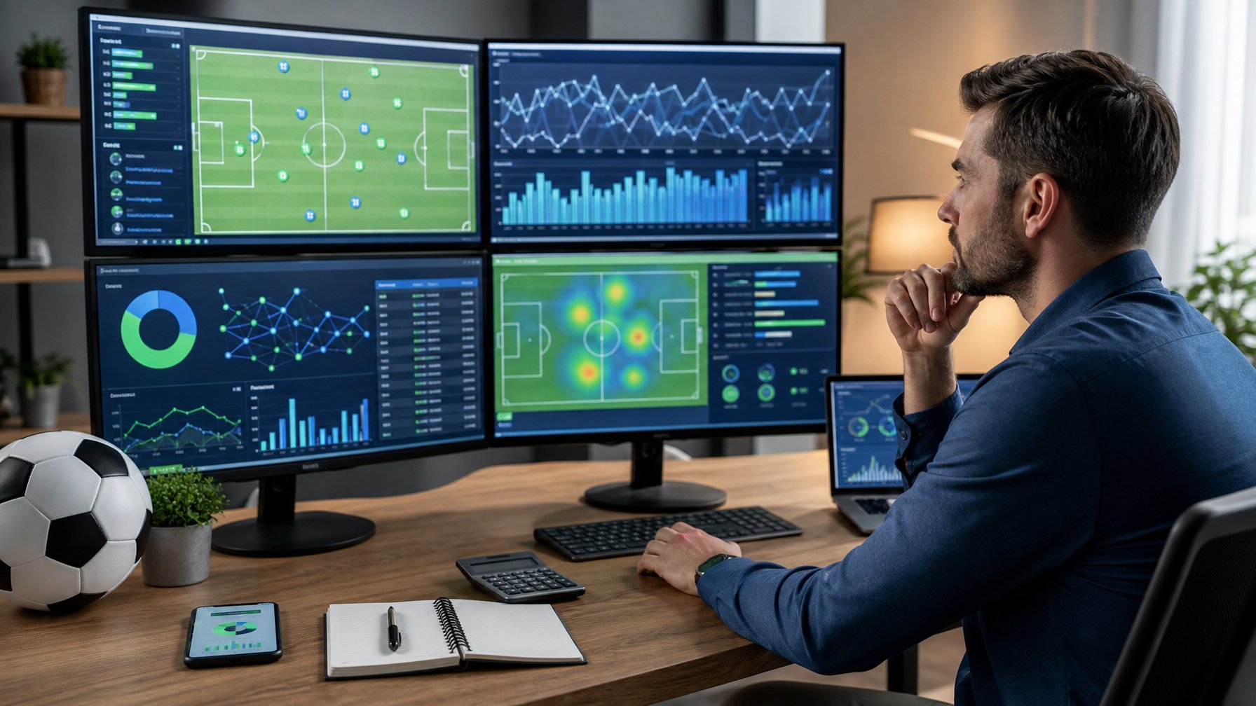 Seorang analis mempelajari statistik pertandingan sepak bola pada beberapa monitor di meja kerja.