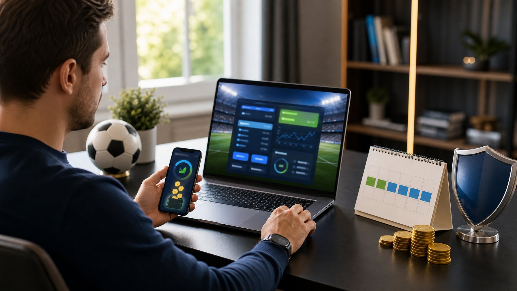 Seseorang memeriksa hadiah dan cashback mingguan melalui laptop dan ponsel di meja kerja dengan unsur sepak bola.