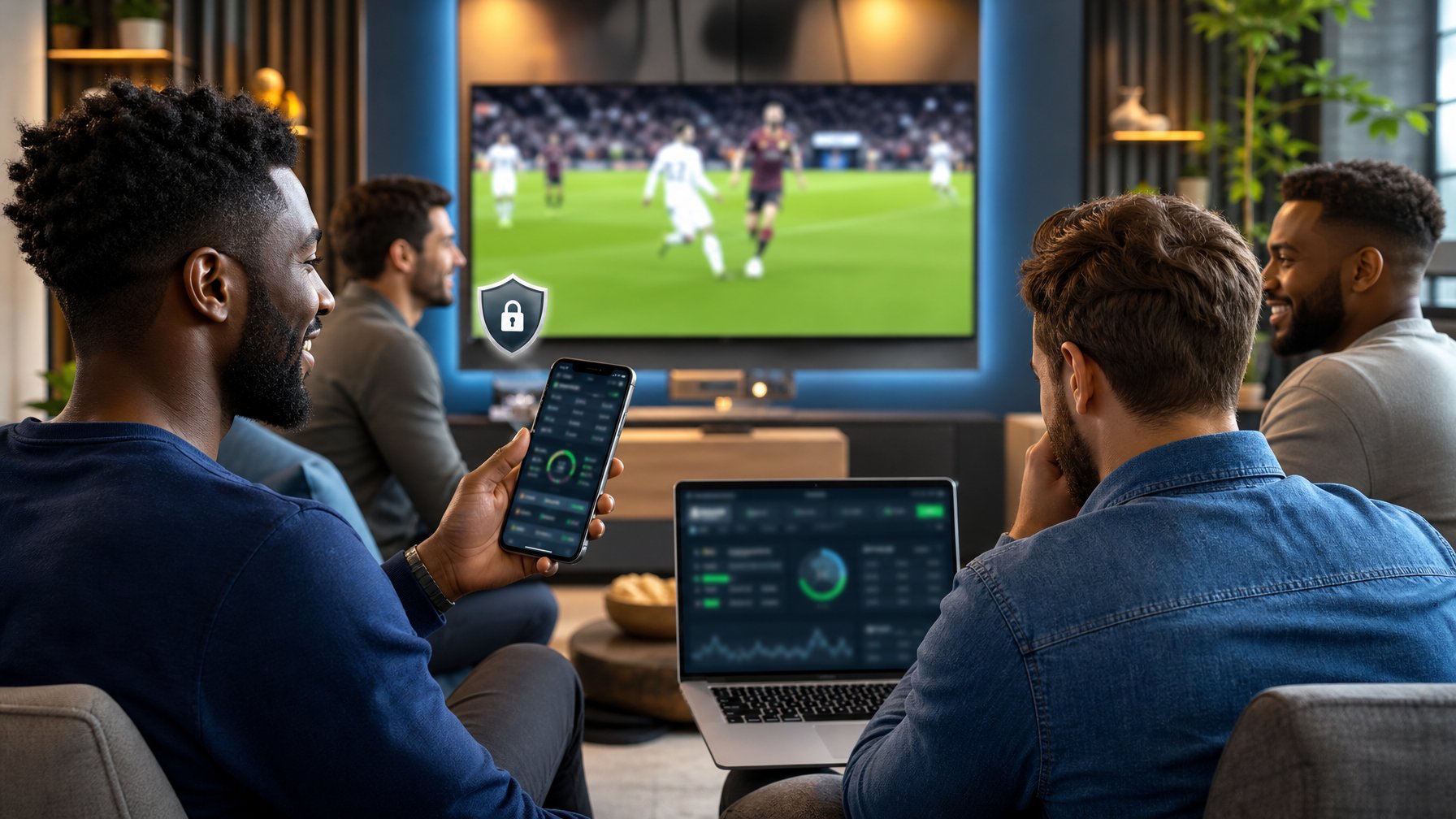 Sekelompok orang dewasa menyaksikan pertandingan sepak bola sambil menggunakan ponsel dan laptop di ruang olahraga modern.