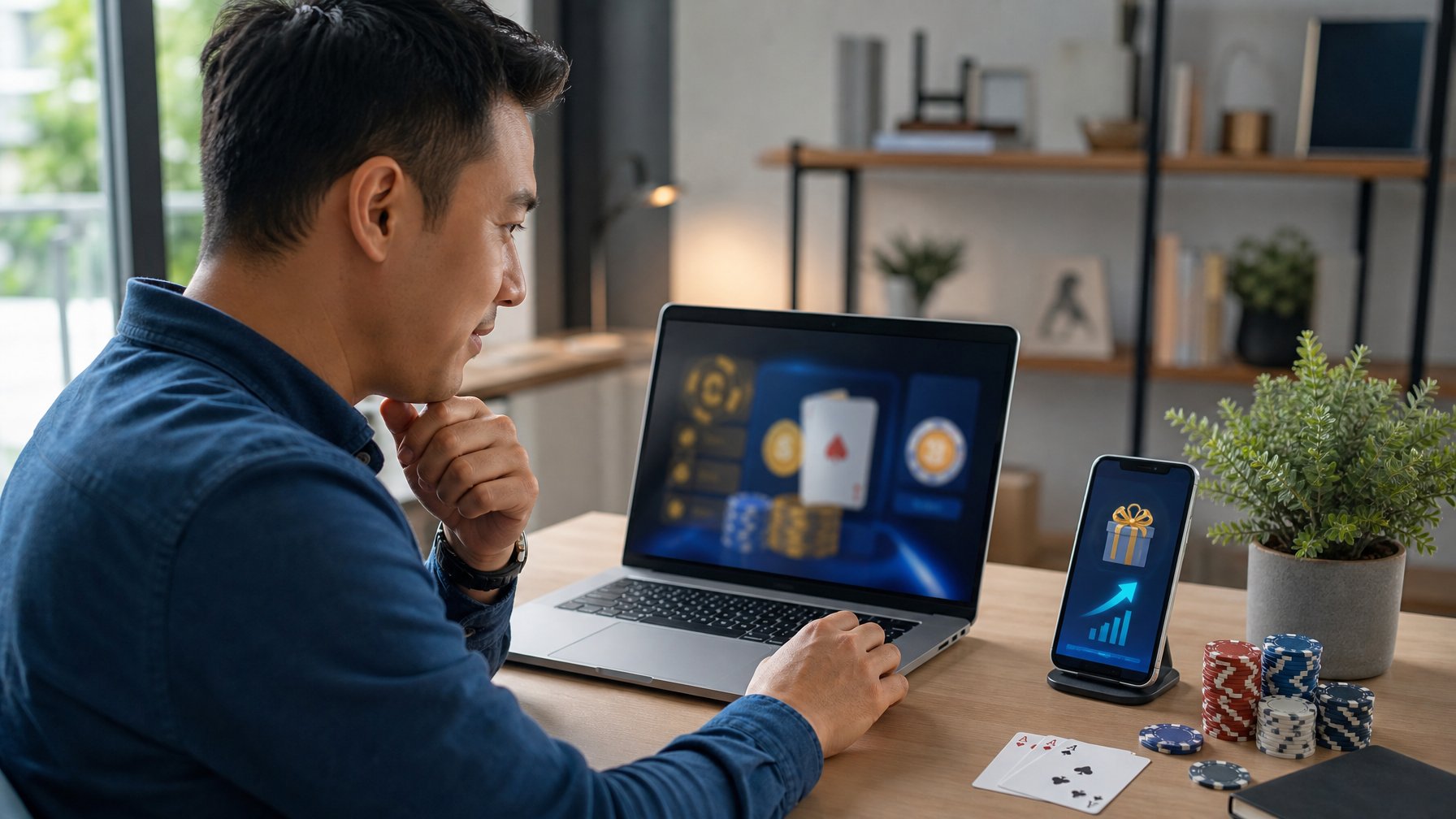 Seseorang memeriksa laptop dan ponsel dengan simbol bonus poker serta tumpukan keping poker di meja kerja.