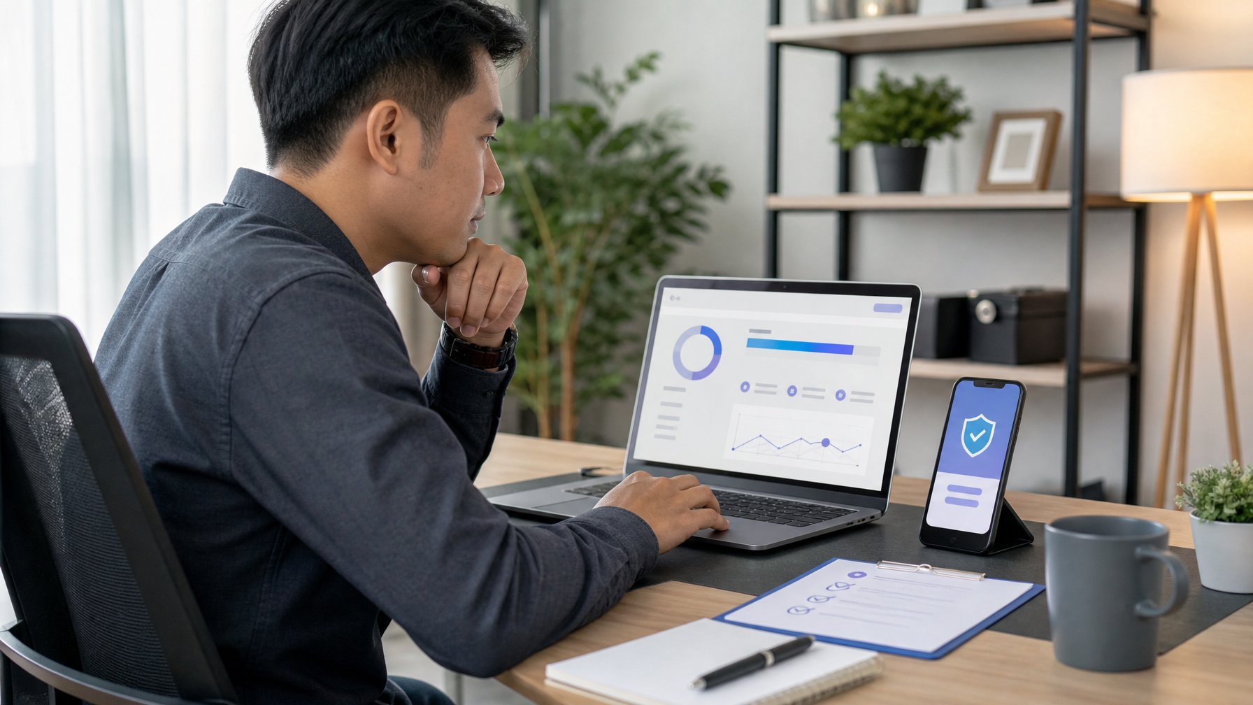 Seseorang meninjau persyaratan bonus melalui laptop di meja kerja modern.