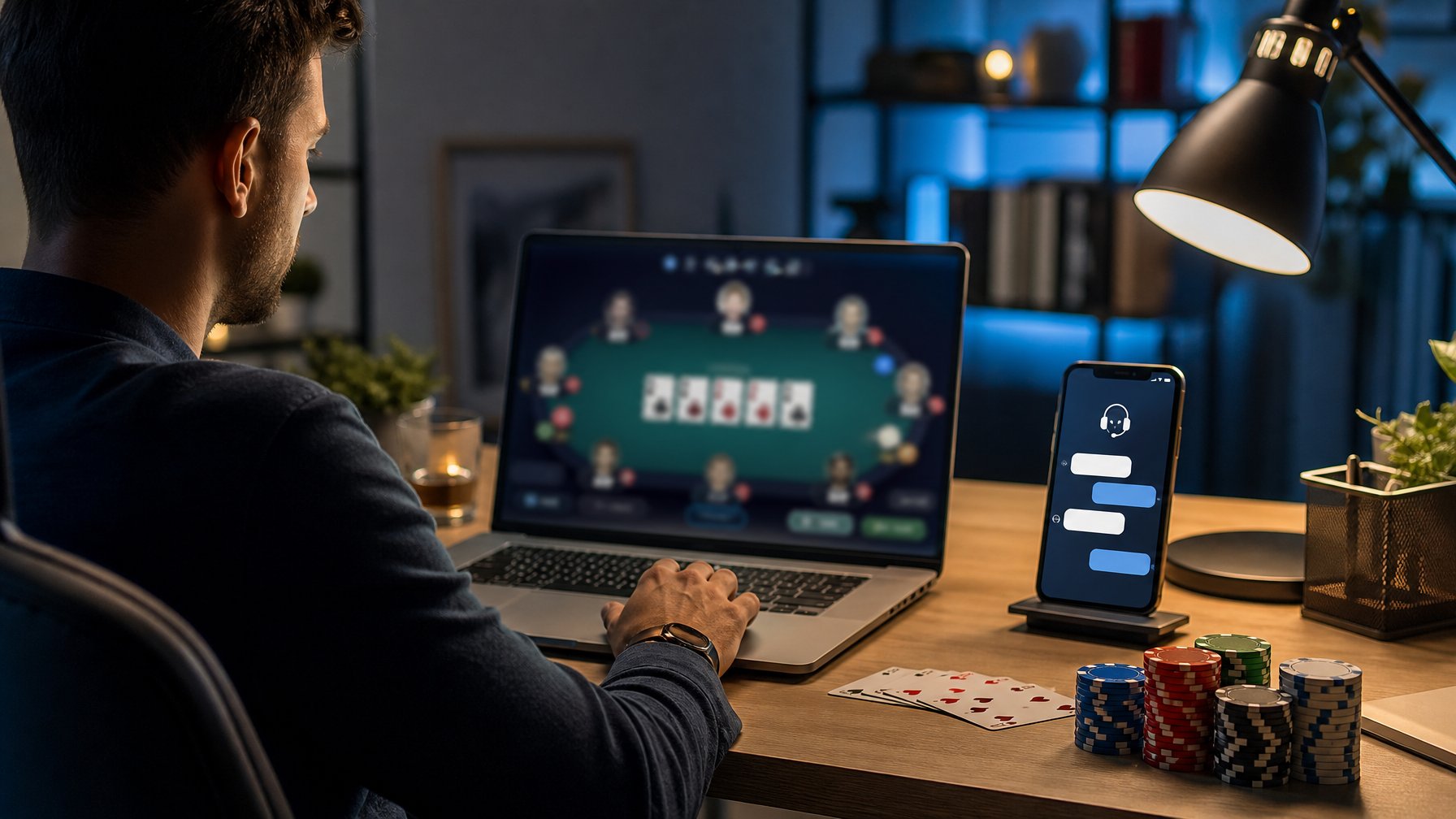 Seseorang menggunakan laptop dengan kartu poker, chip, dan ponsel berikon layanan pelanggan di atas meja.