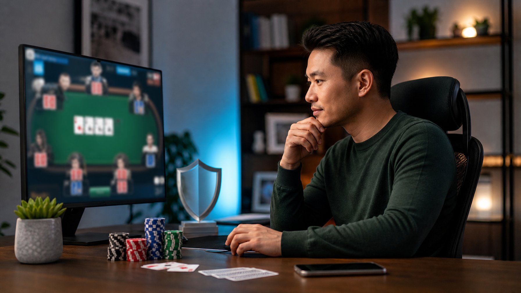 Seorang pemain dewasa menggunakan komputer dengan kartu dan keping poker di meja dalam ruang kerja modern.