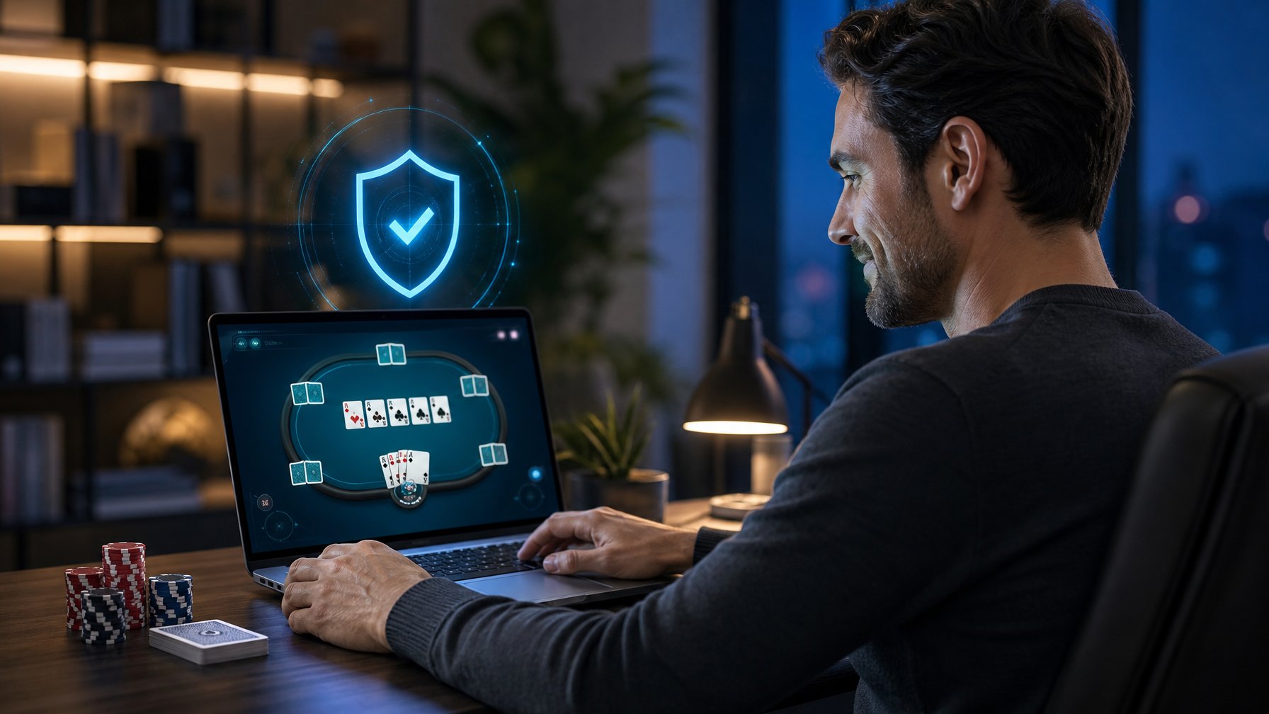 Seorang pengguna melihat platform poker daring di laptop dengan simbol keamanan dan kartu poker di meja.
