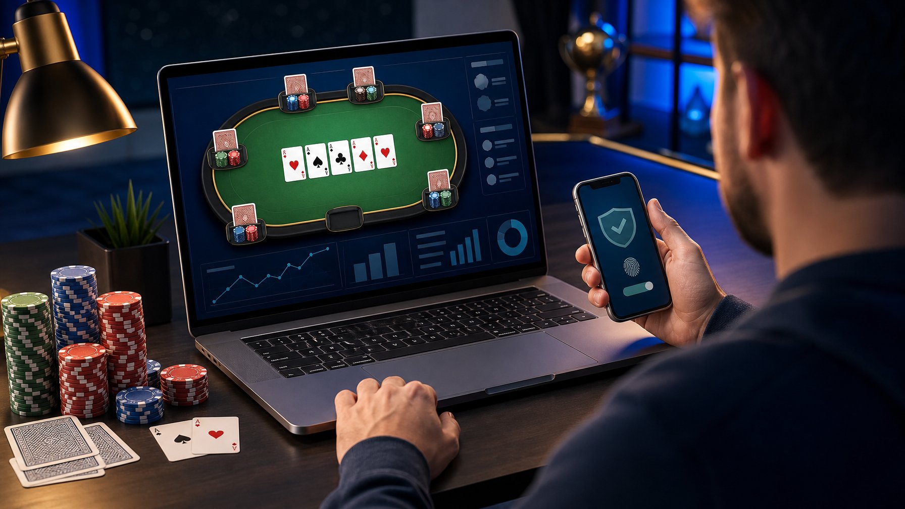 Meja kerja modern dengan laptop menampilkan permainan poker daring, kartu, dan keping poker, dengan seorang pemain duduk di belakangnya.