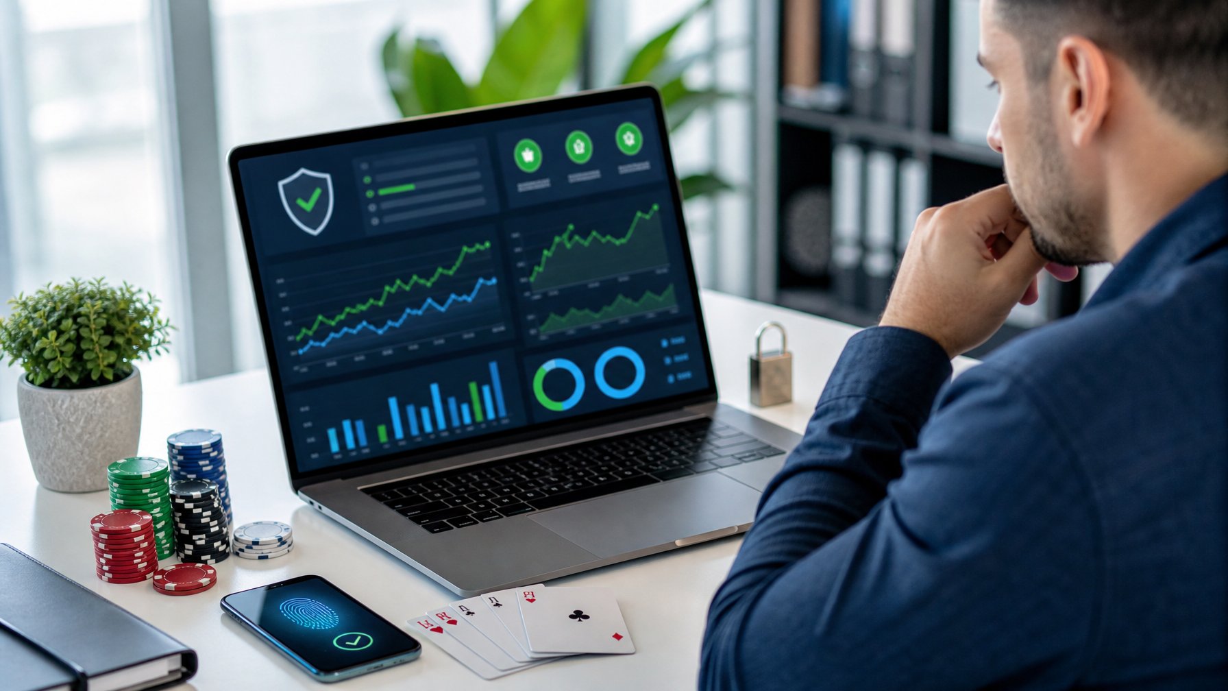 Seorang analis memeriksa dasbor keamanan dan kinerja platform poker online di laptop dengan simbol perlindungan digital serta kartu dan chip poker di meja.