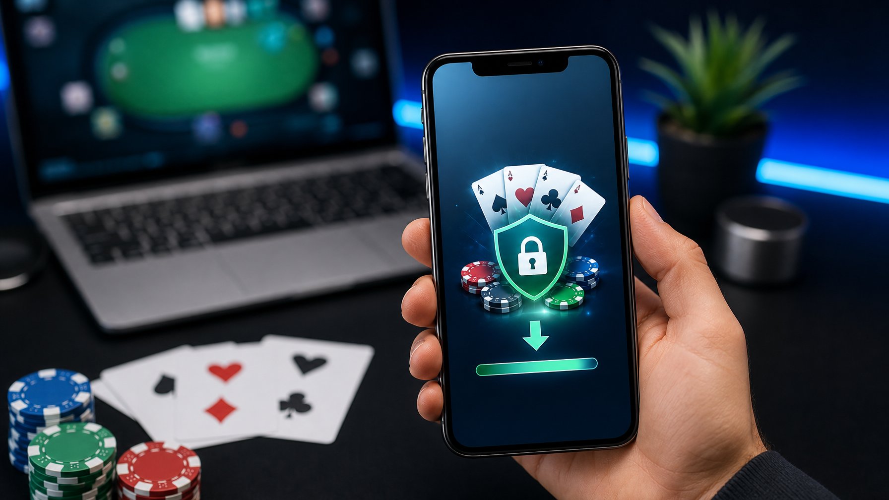 Tangan memegang ponsel yang menampilkan aplikasi poker bertema digital di atas meja kerja modern.