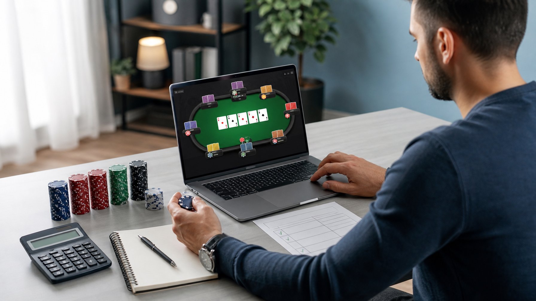 Seseorang mengatur chip poker, kalkulator, dan catatan anggaran di meja sambil menggunakan laptop.