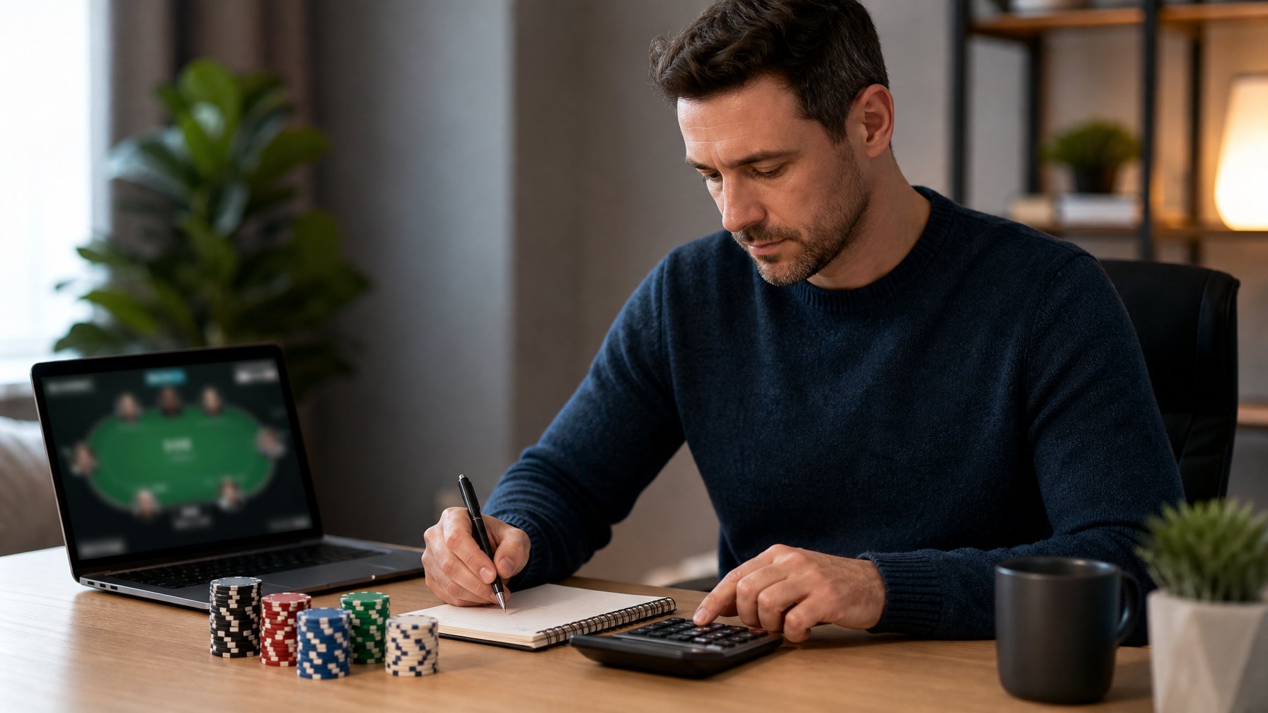 Seseorang menyusun rencana pengelolaan modal poker dengan laptop, kalkulator, chip poker, dan buku catatan kosong.