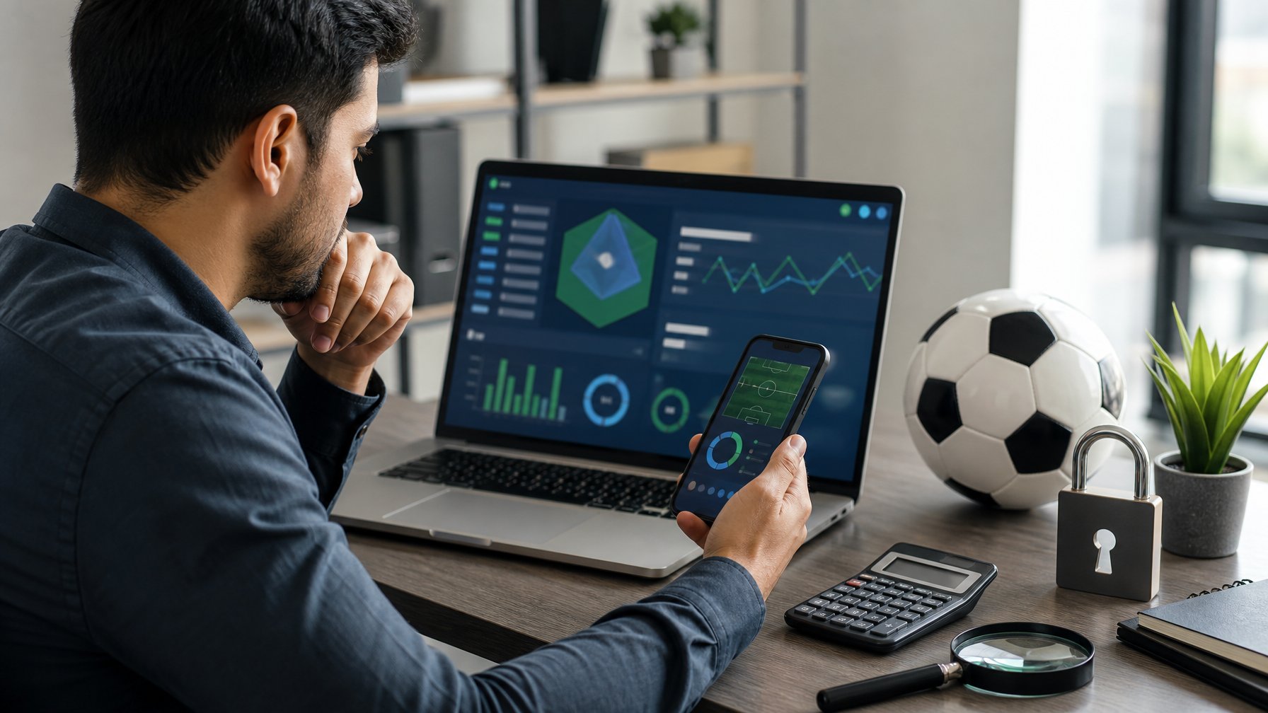 Seseorang meninjau statistik sepak bola dan keamanan platform digital di meja kerja modern.