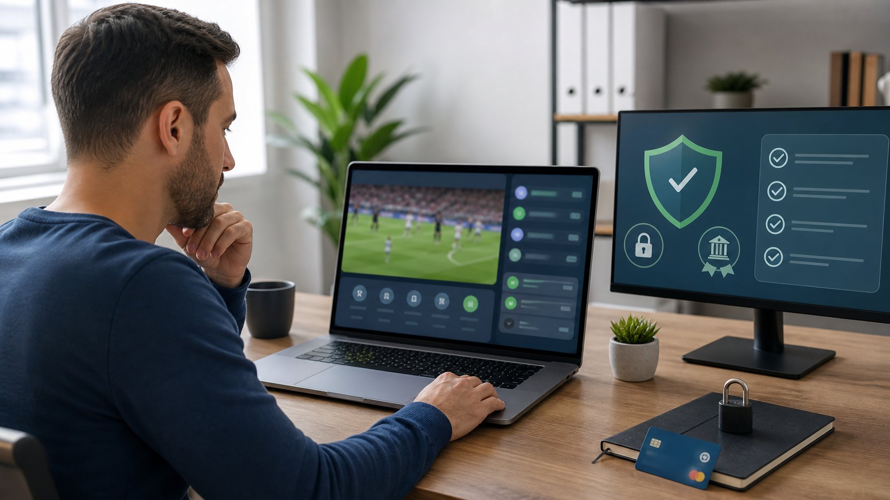 Pengguna memeriksa platform taruhan olahraga yang aman di laptop dengan simbol perisai dan gembok.