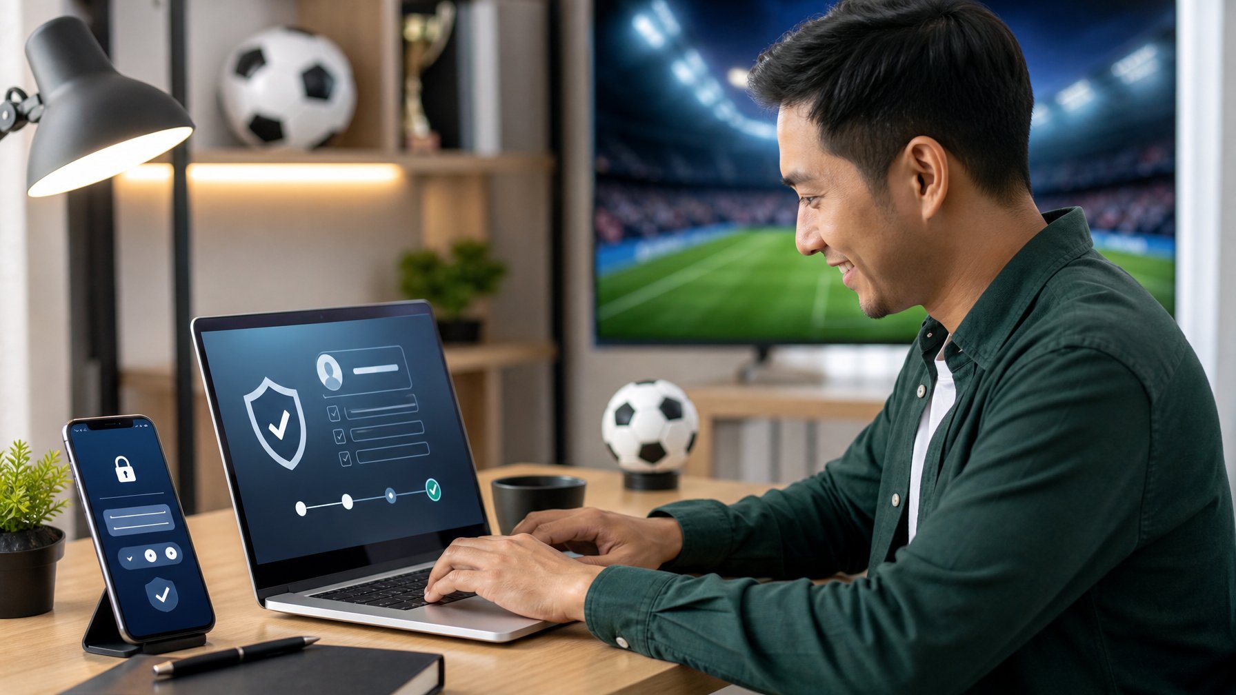 Orang dewasa mendaftarkan akun olahraga secara aman menggunakan laptop di ruang kerja modern dengan simbol keamanan digital dan elemen sepak bola.