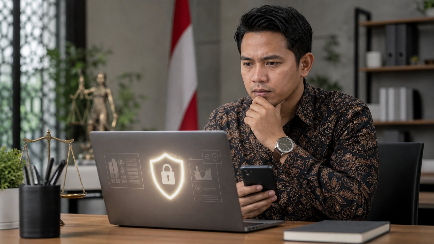 Seorang dewasa Indonesia menggunakan laptop dan ponsel dengan tampilan simbol perlindungan digital dan keadilan.