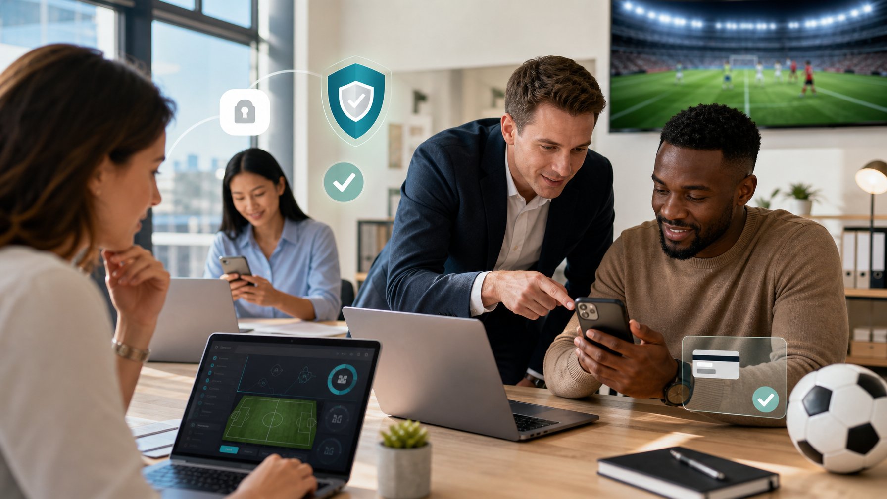 Orang dewasa memeriksa statistik pertandingan sepak bola dan konfirmasi pembayaran pada perangkat digital di ruang kerja modern.