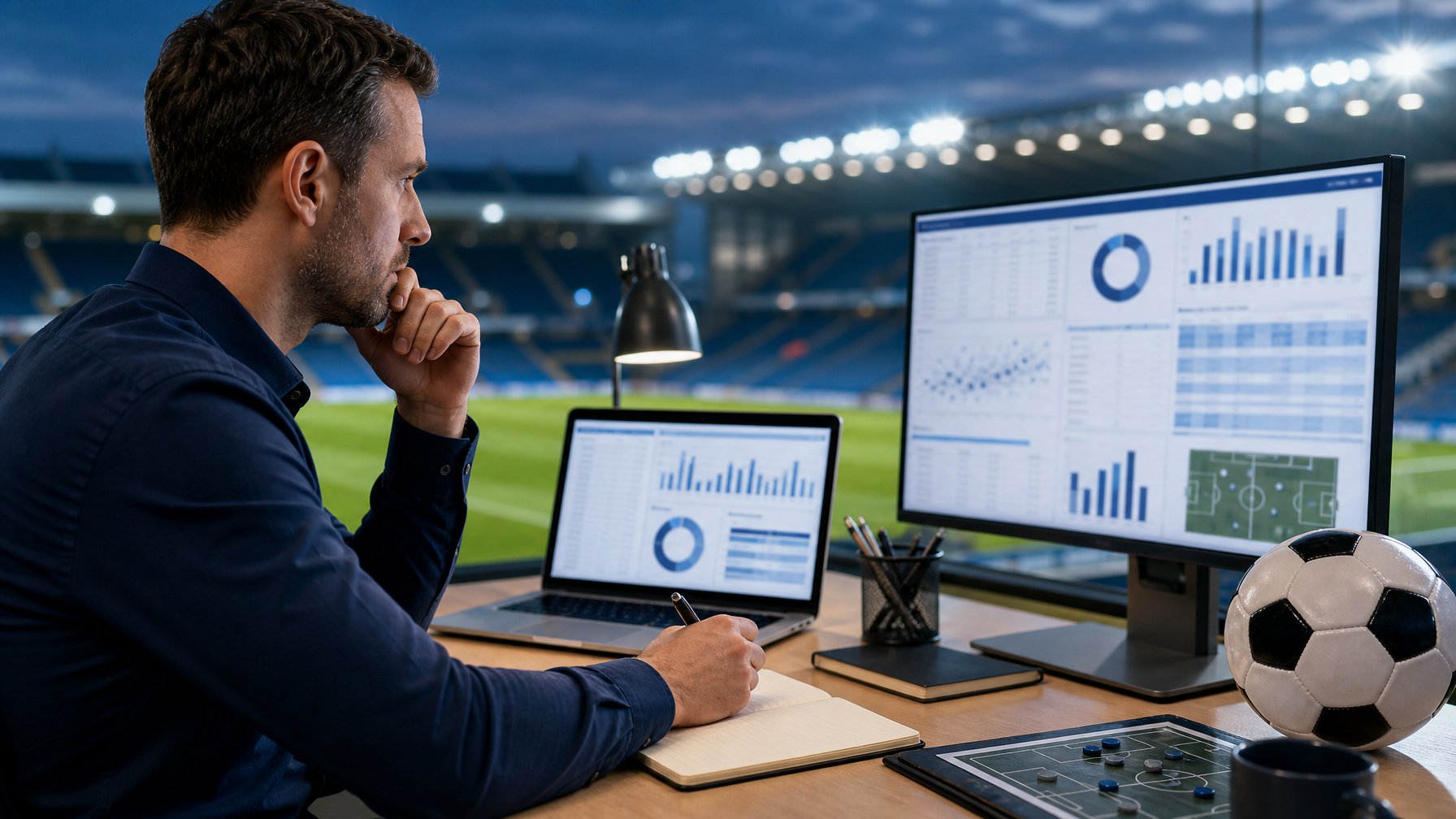 Seorang analis mempelajari statistik pertandingan sepak bola di meja kerja dengan latar stadion yang buram.