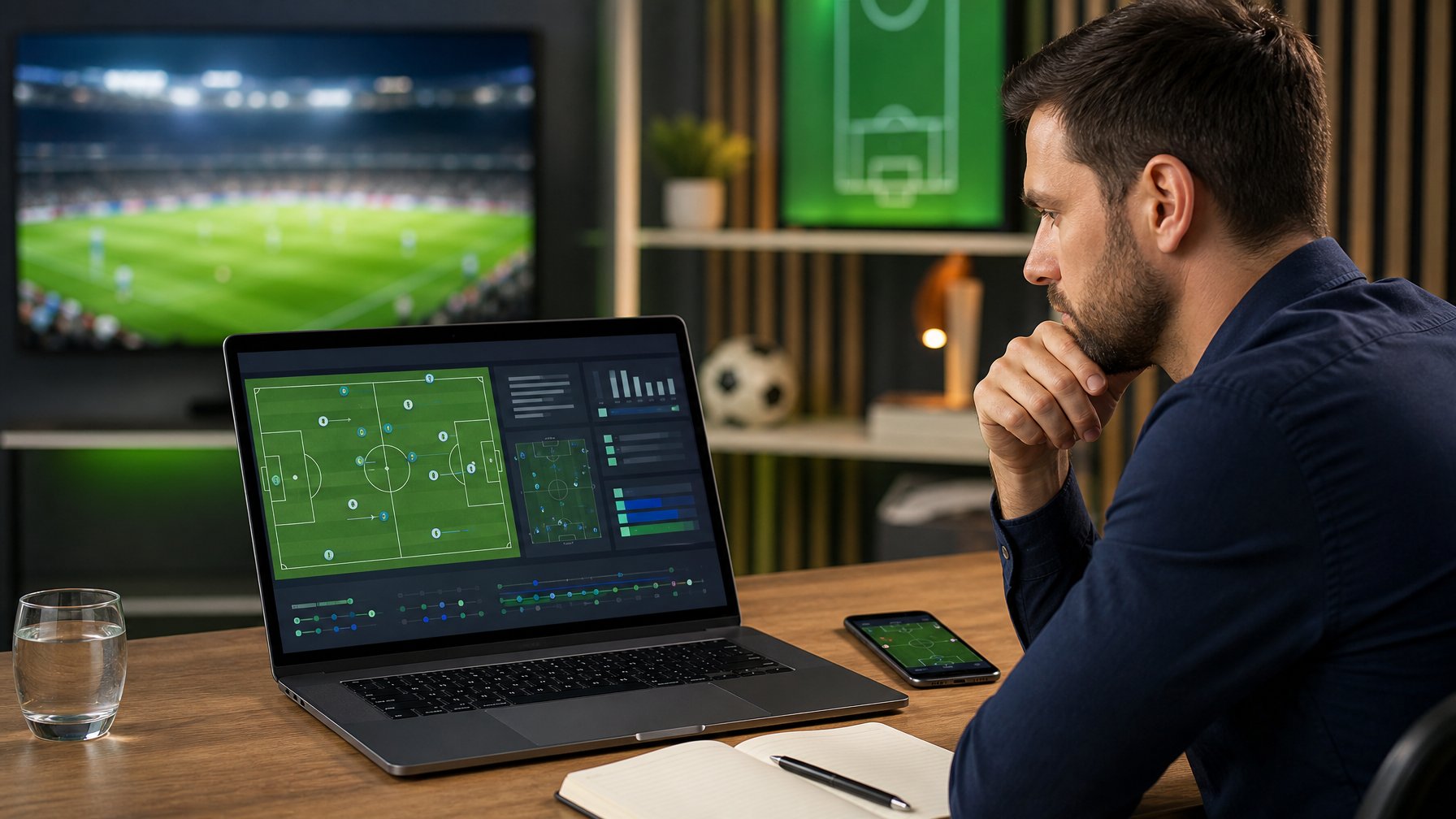 Seorang analis sepak bola mempelajari diagram taktik dan statistik pertandingan di meja kerja.